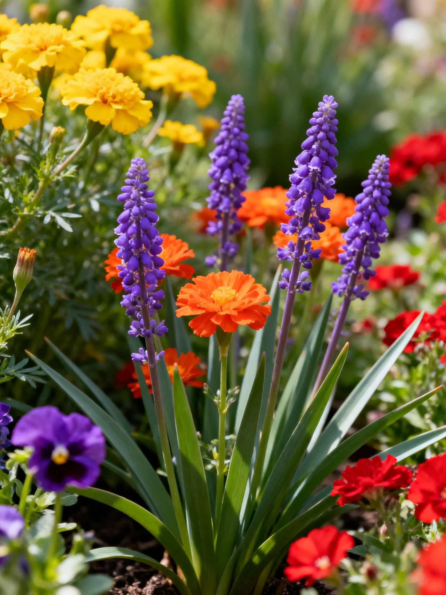 Colorful flower arrangement featuring purple, orange, and yellow blooms in garden setting