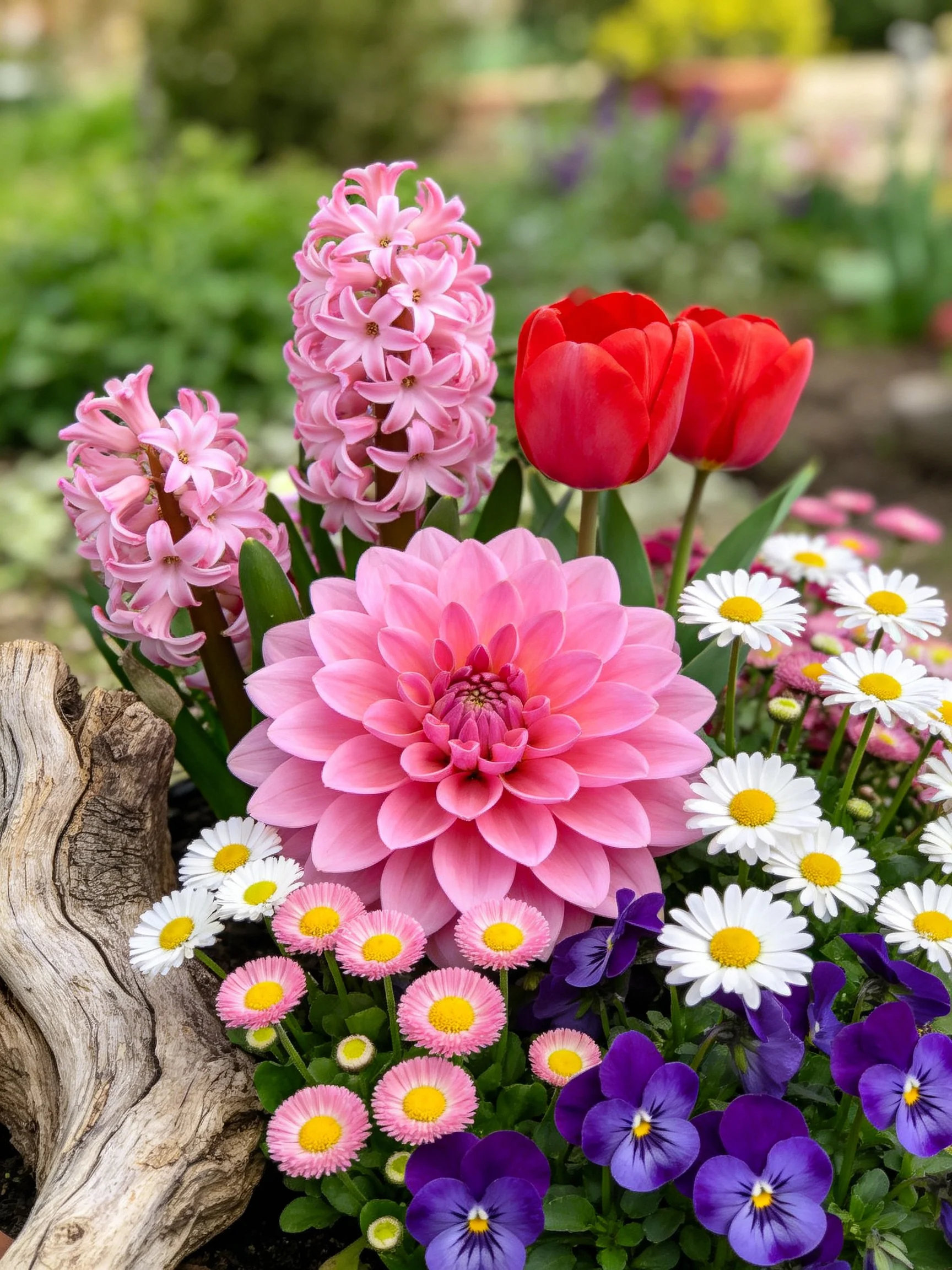 Colorful flower arrangement with hyacinths, tulips, dahlia, daisies, pansies near driftwood