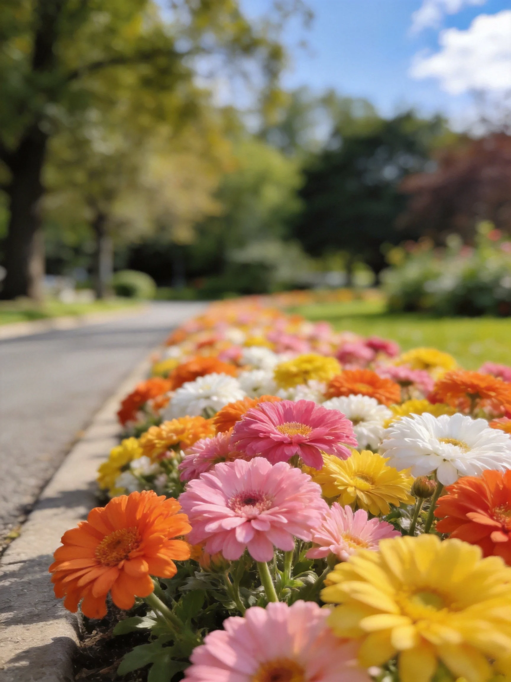 Colorful flower bed with orange, pink, yellow, white blooms beside a paved road
