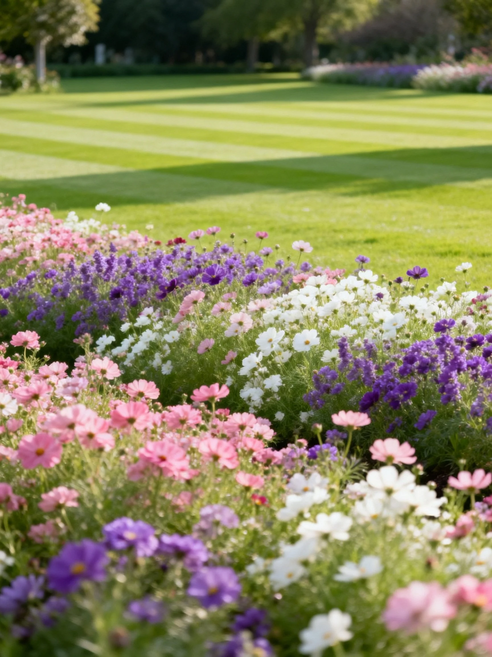 Colorful flower bed with pink, purple, white blooms near striped green lawn