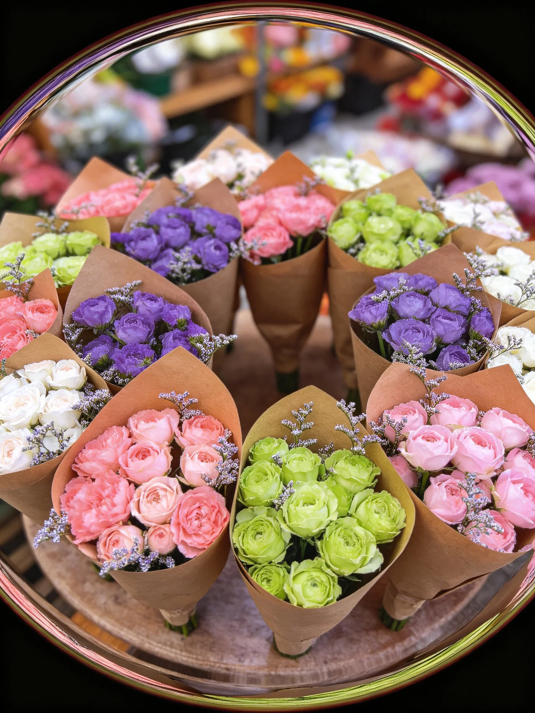 Colorful flower bouquets wrapped in brown paper arranged in circular formation