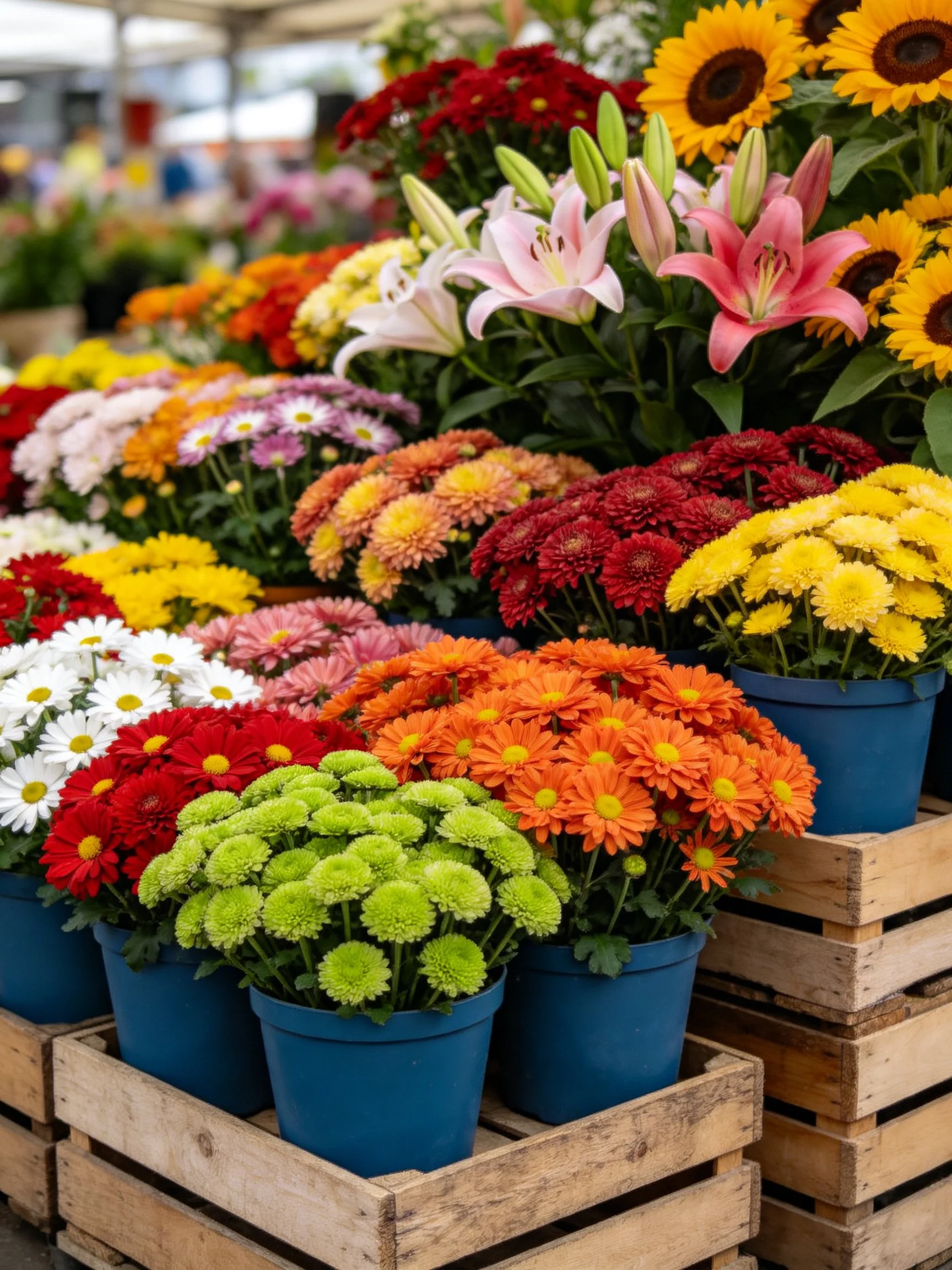 Colorful flower display with multiple varieties in blue pots