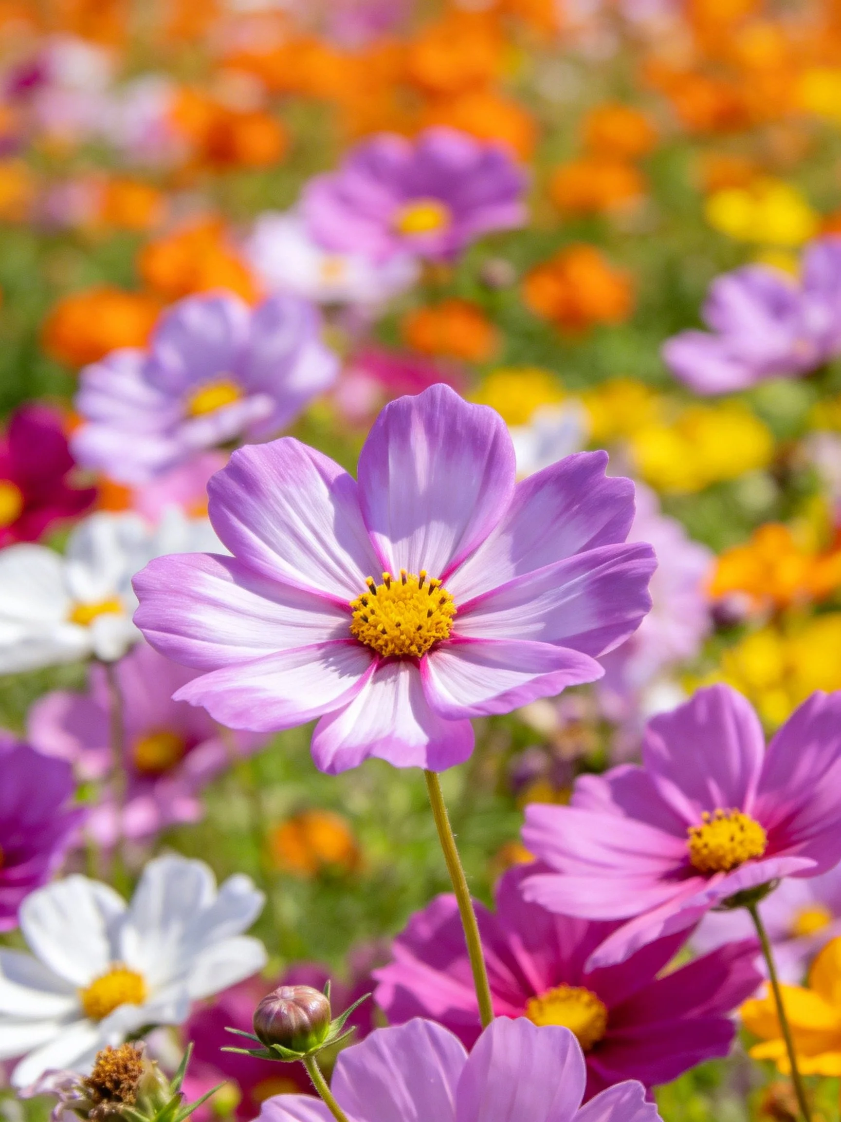 Colorful flower field with purple, orange, and white blooms