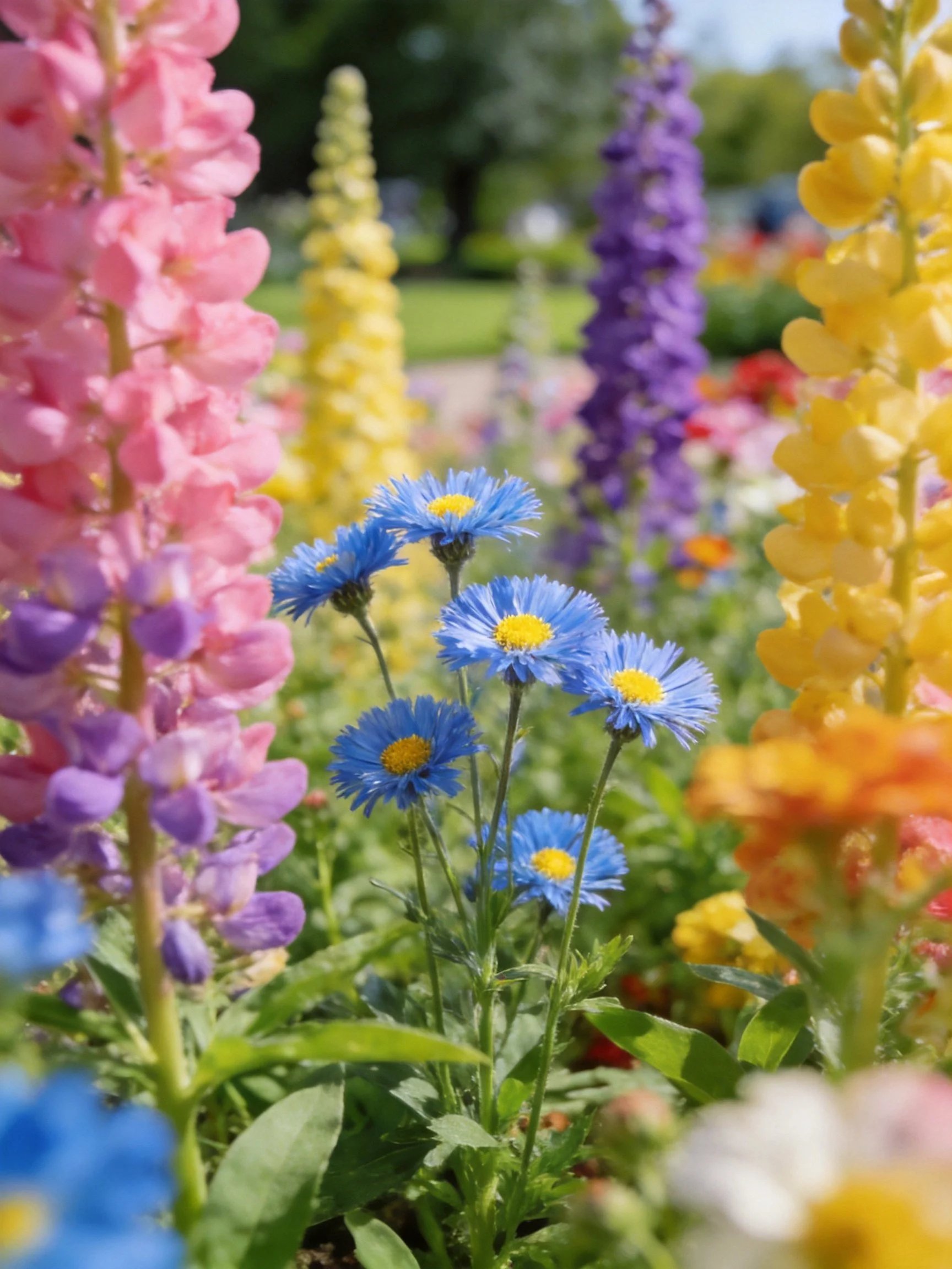 Colorful flower garden with blue asters and tall snapdragons