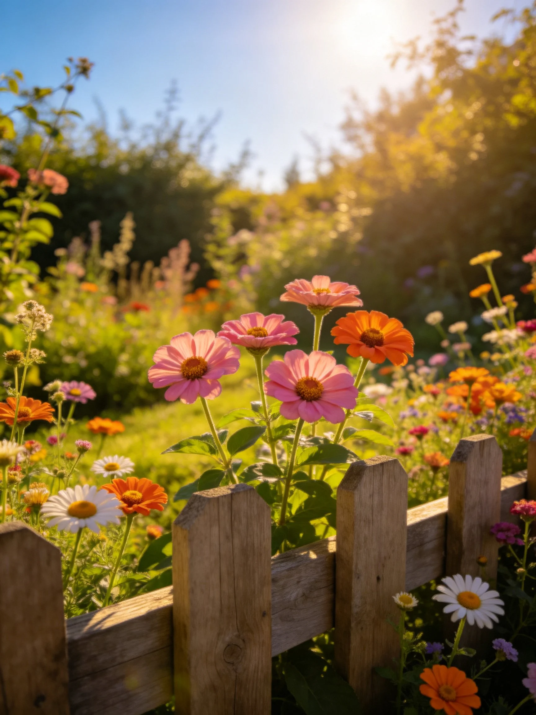 Colorful flower garden with pink, orange, and white flowers near a wooden fence