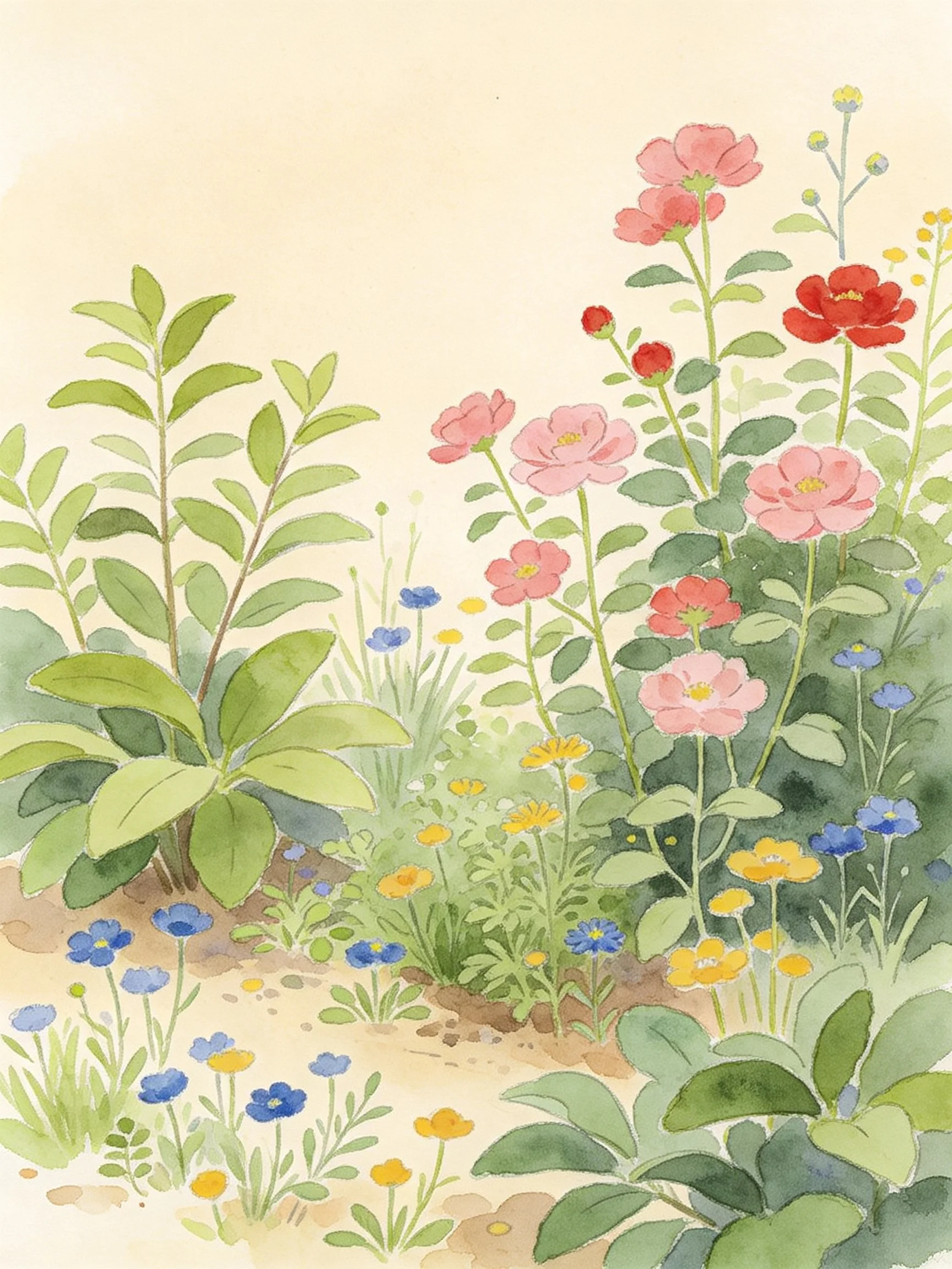 Colorful flower garden with pink, red, blue, and yellow blooms
