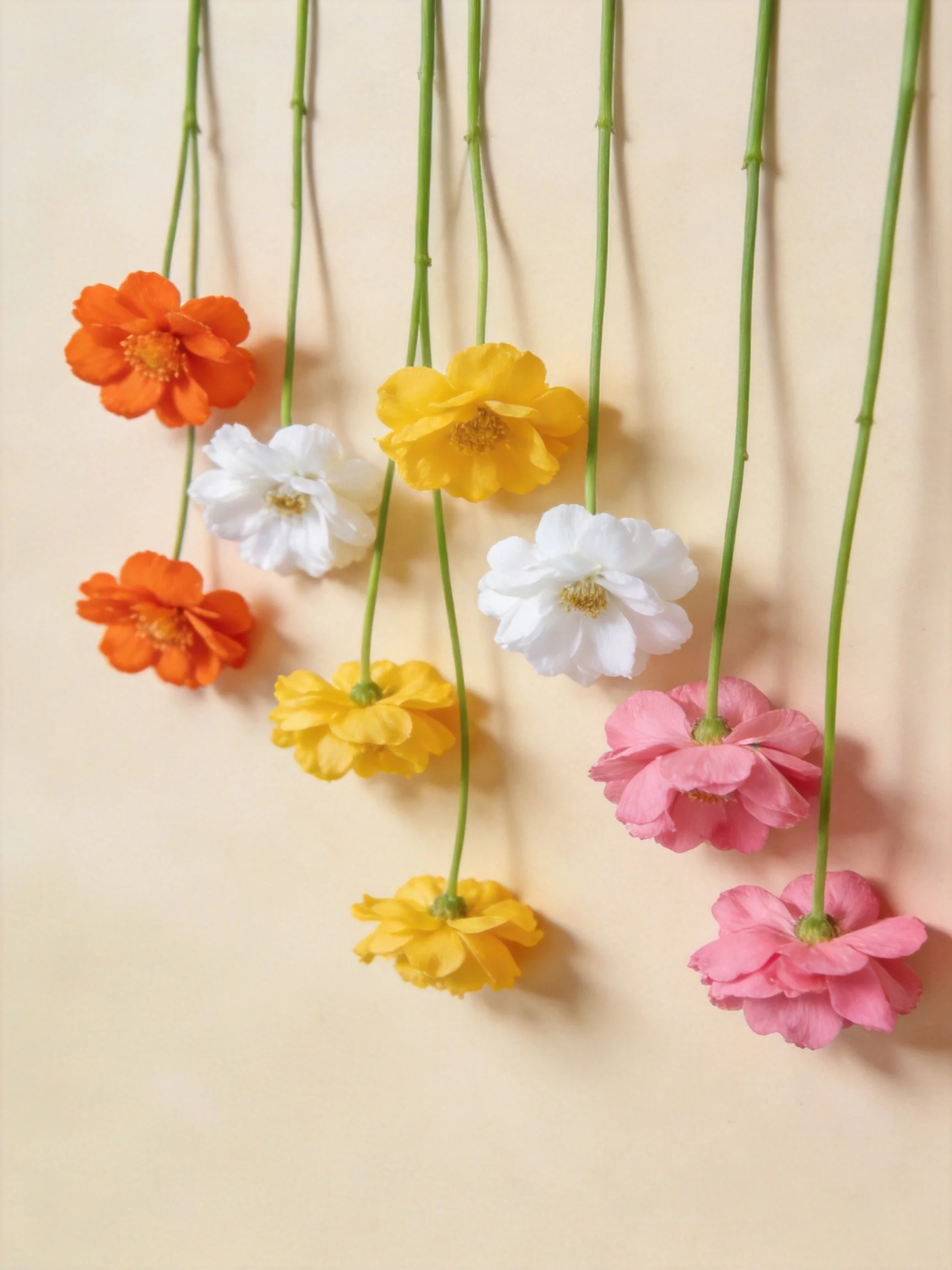 Colorful flower stems in orange, yellow, white, pink hues against a neutral backdrop