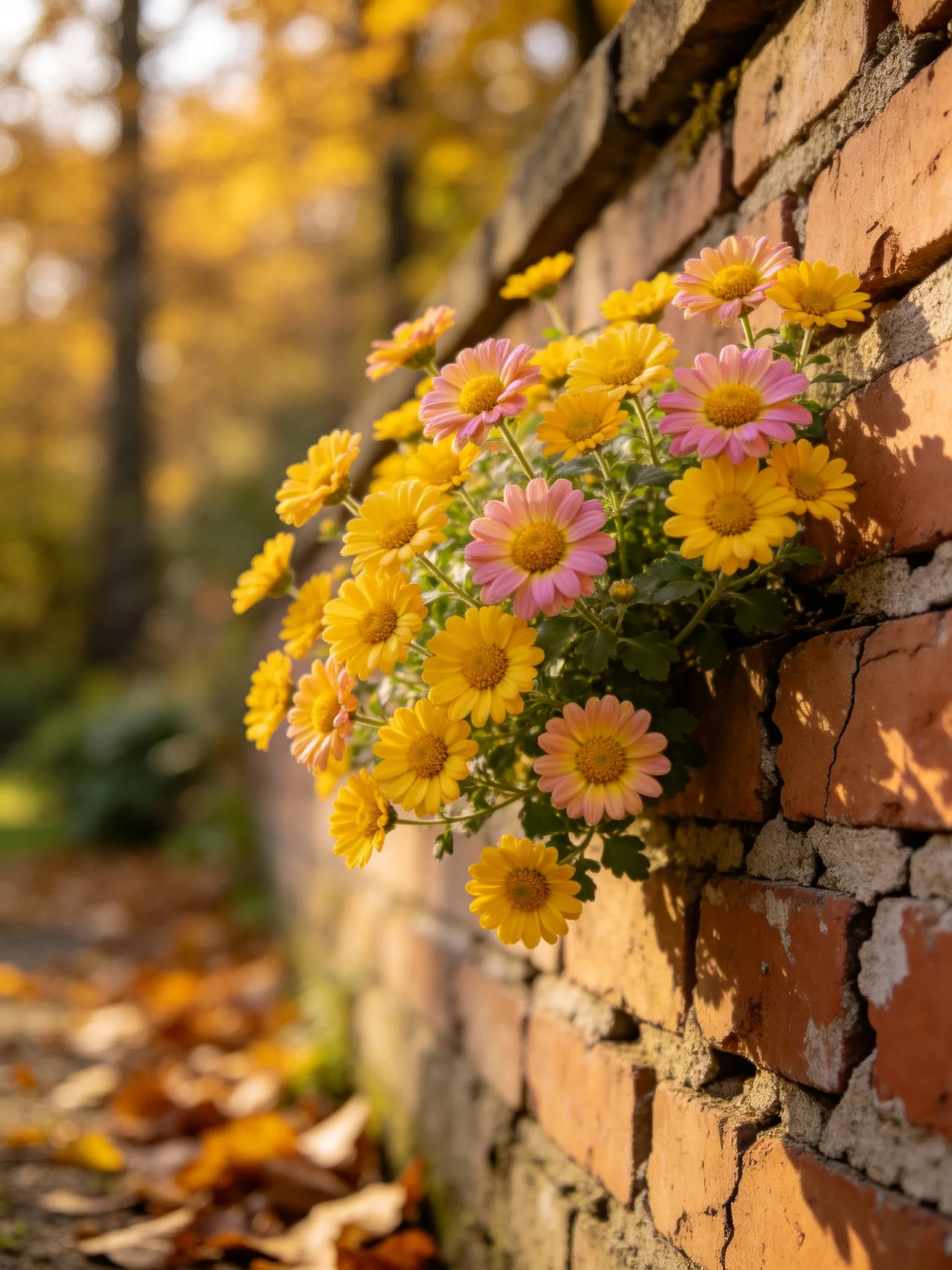 Colorful flowers bloom from an aged brick wall in autumn light