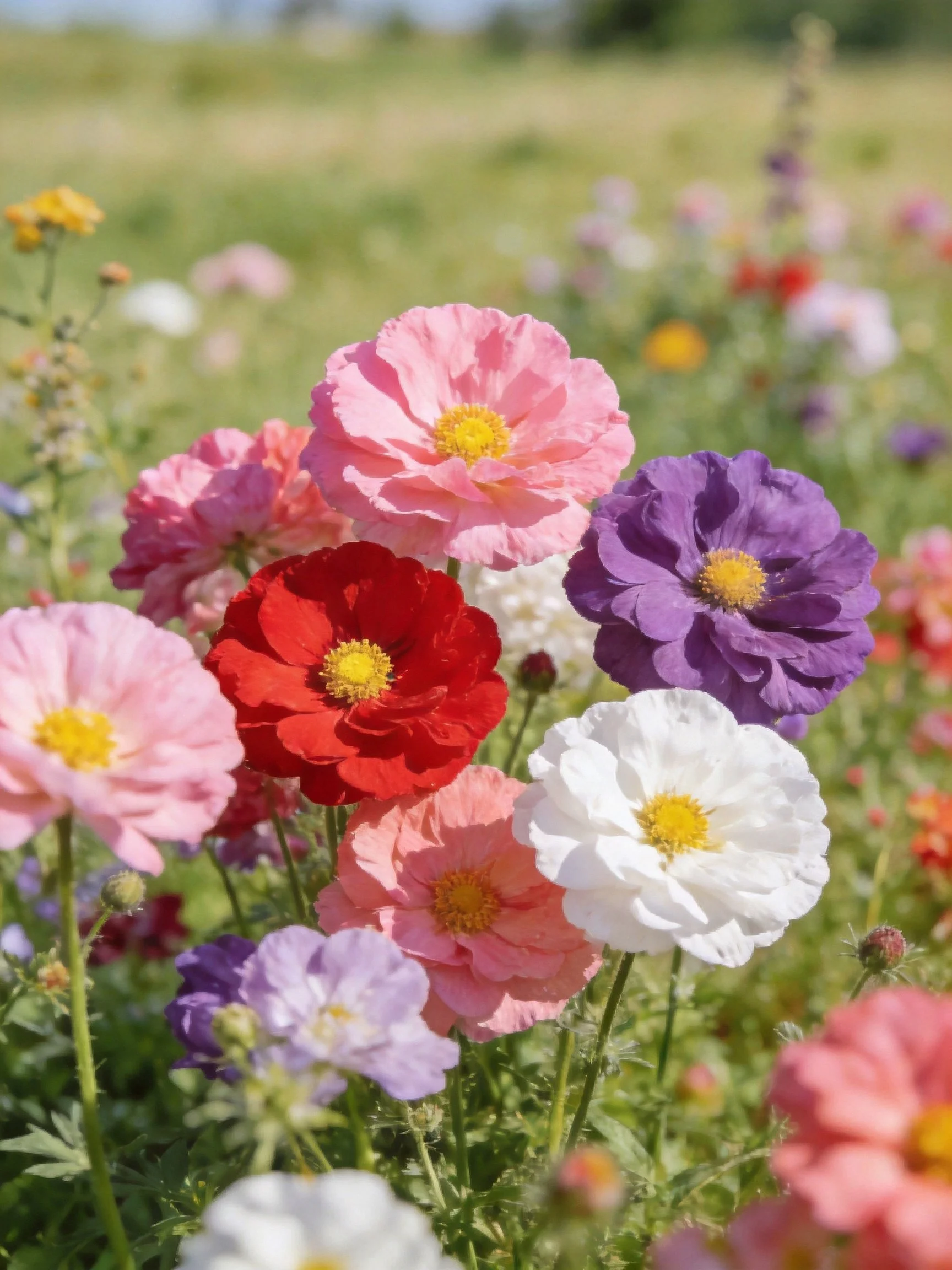 Colorful flowers in a sunlit meadow with varied hues