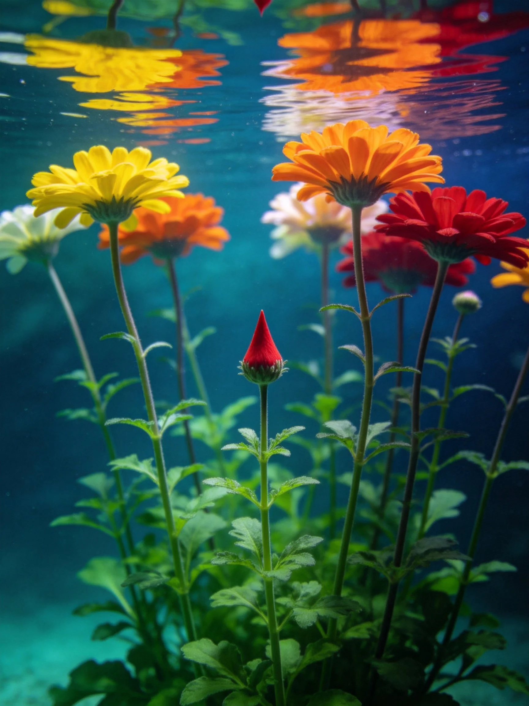 Colorful flowers submerged in water with vibrant hues