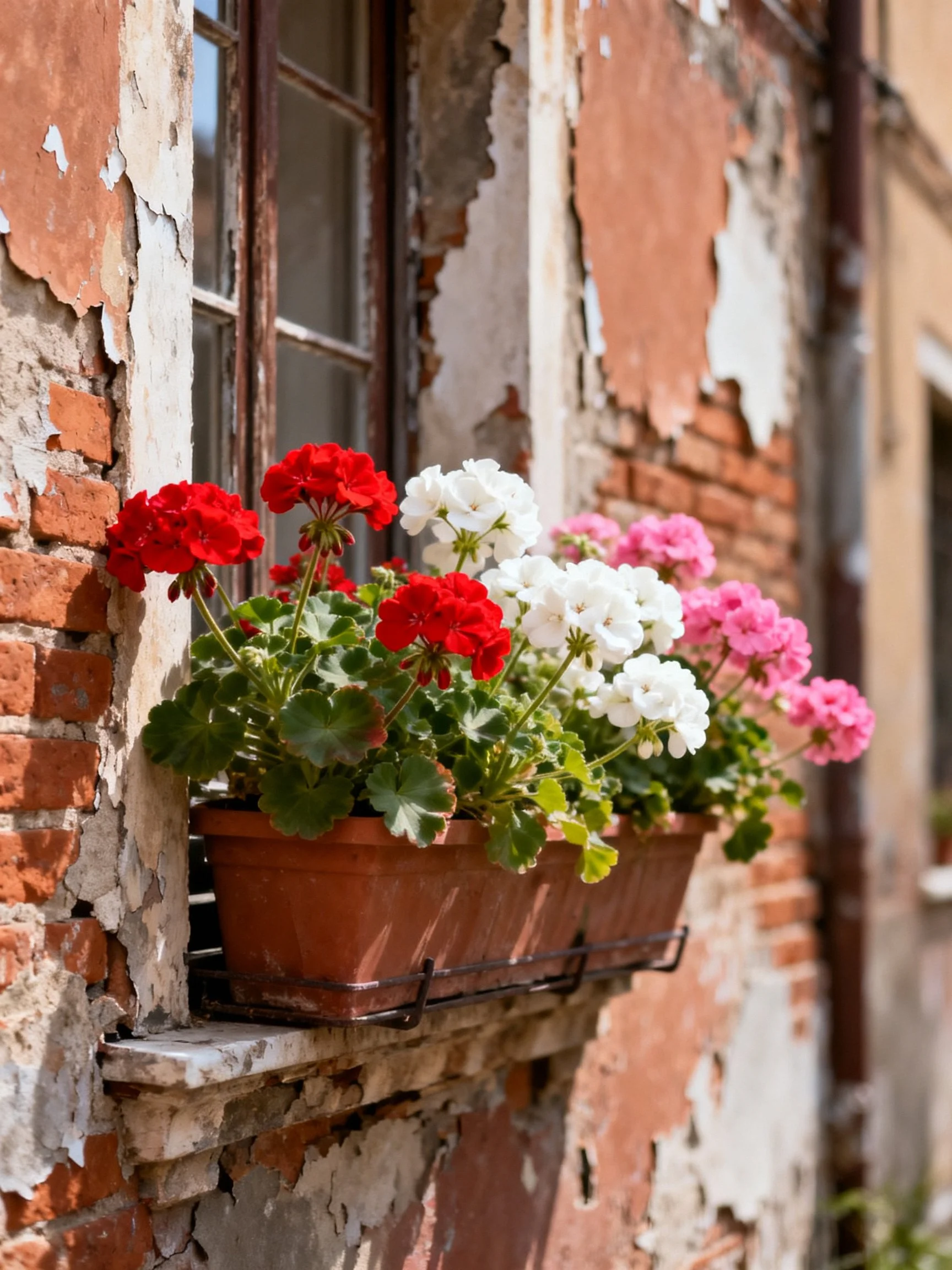 Colorful geraniums in terracotta planter on weathered brick window