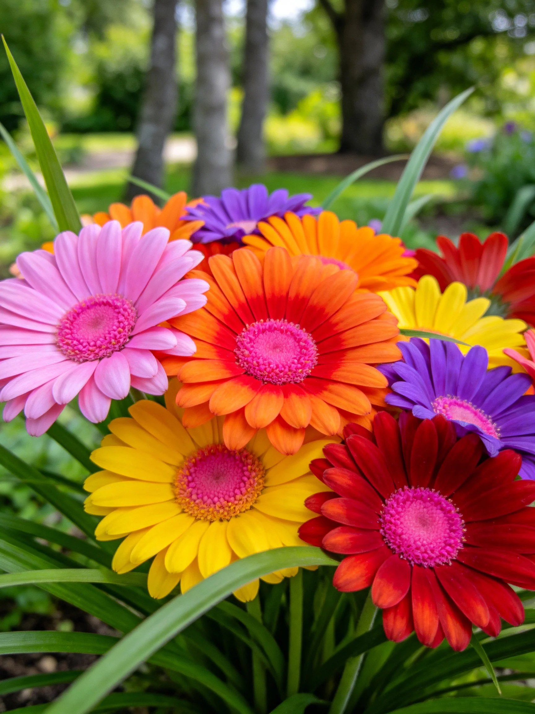 Colorful gerbera daisies in a lush garden display multiple vibrant hues