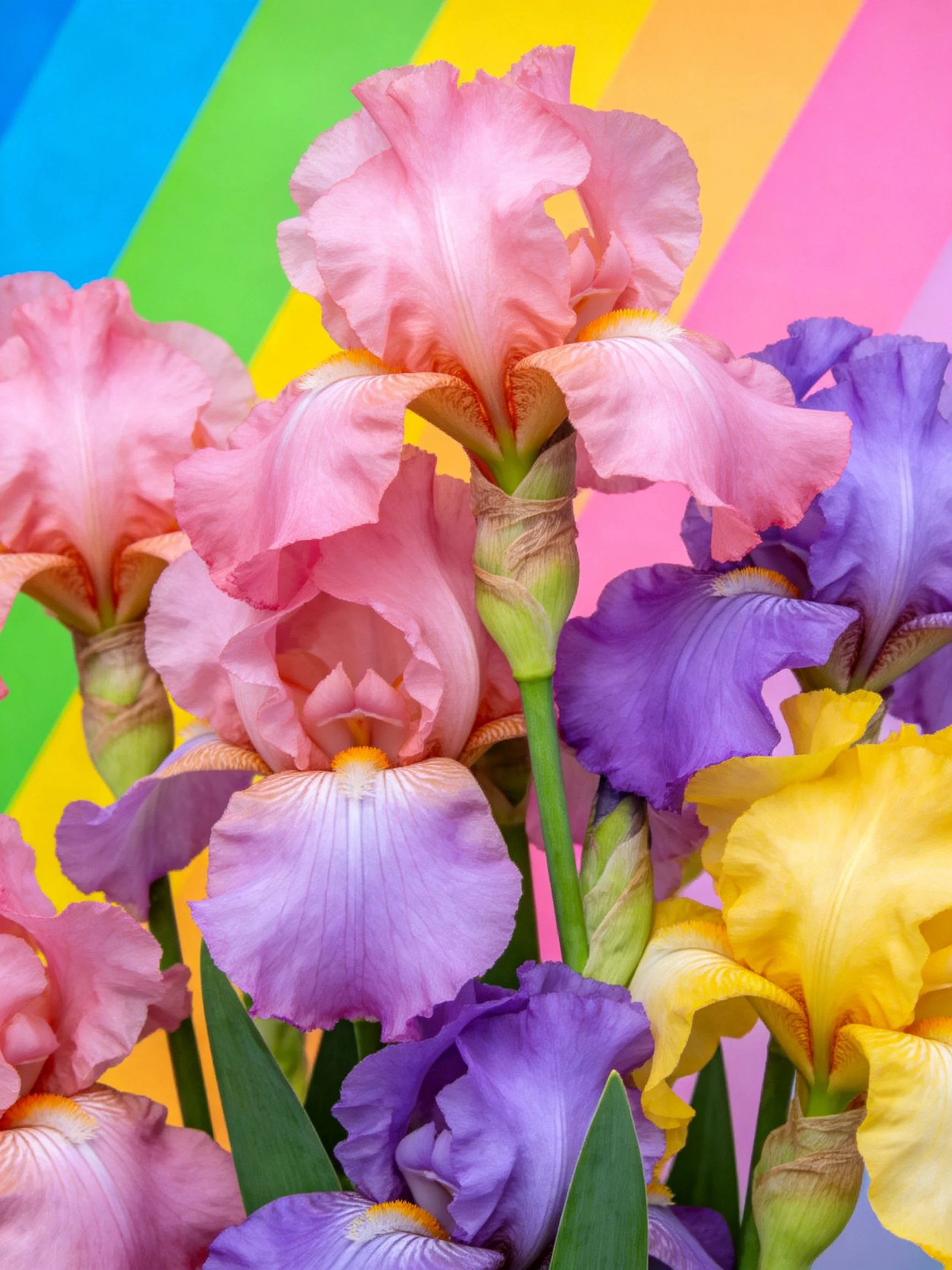 Colorful iris bouquet with rainbow-striped backdrop