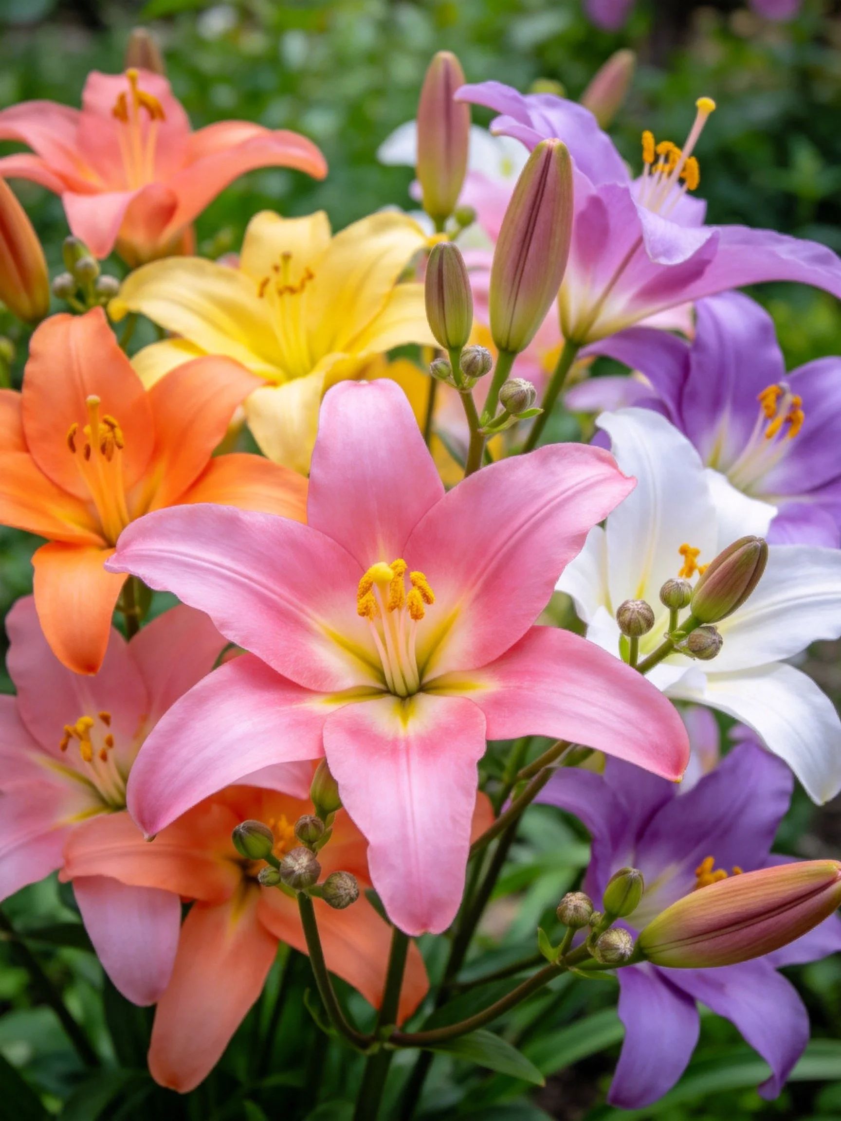Colorful lilies in multiple hues bloom with flower buds around them