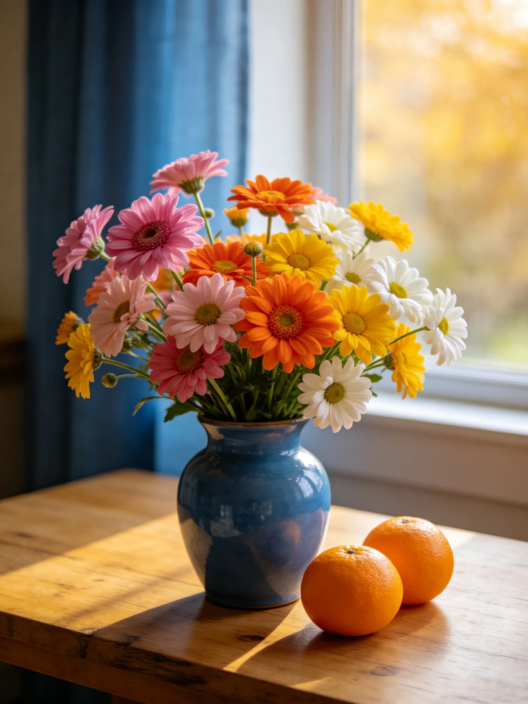 Colorful mixed daisies in a blue vase with two oranges on a wooden table