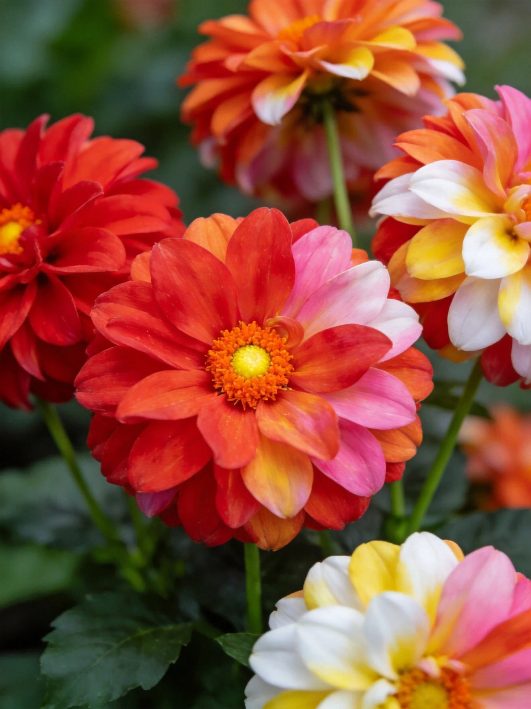 Colorful mixed-hued dahlias bloom among greenery