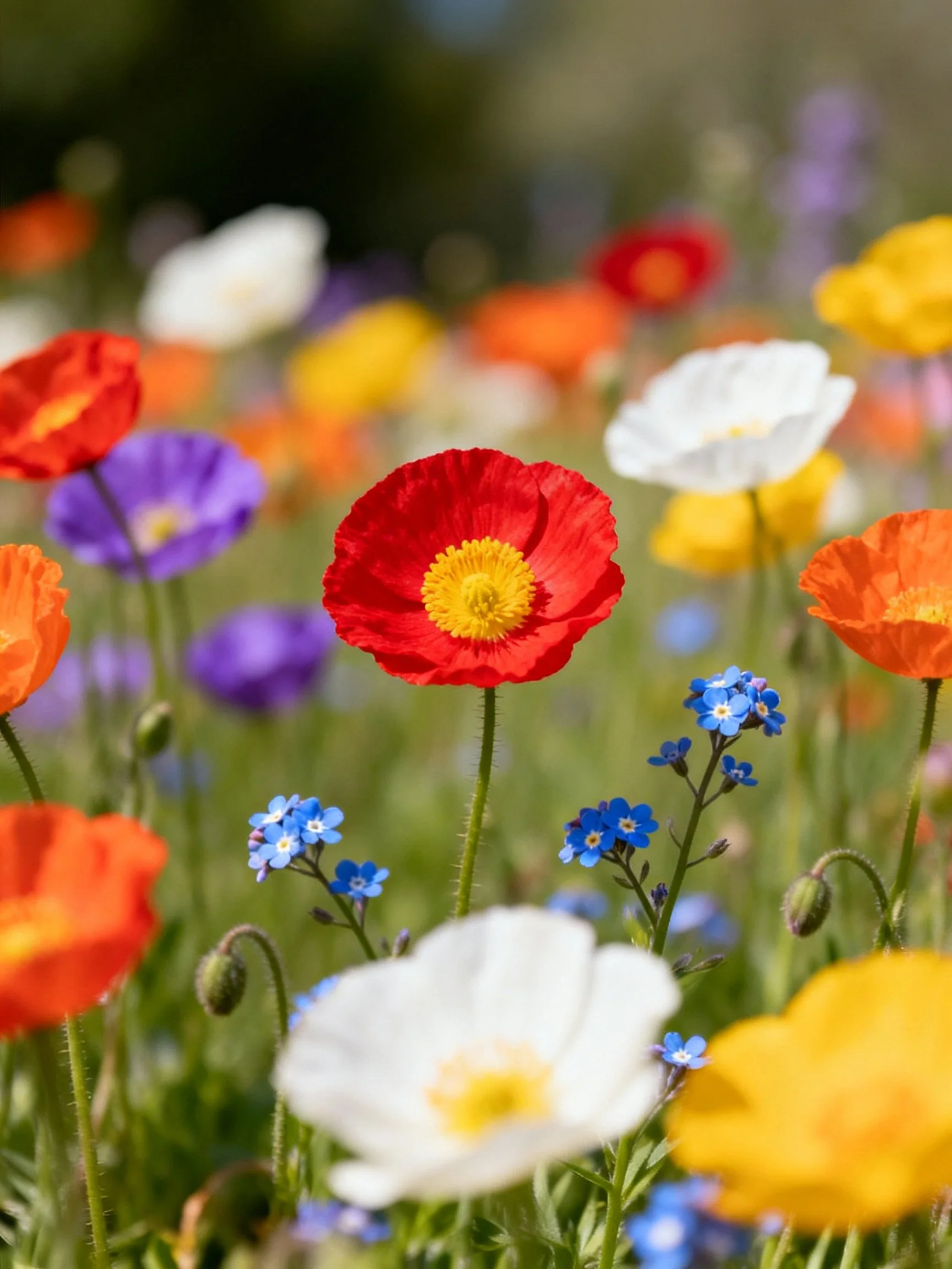 Colorful mixed wildflowers in a sunlit meadow