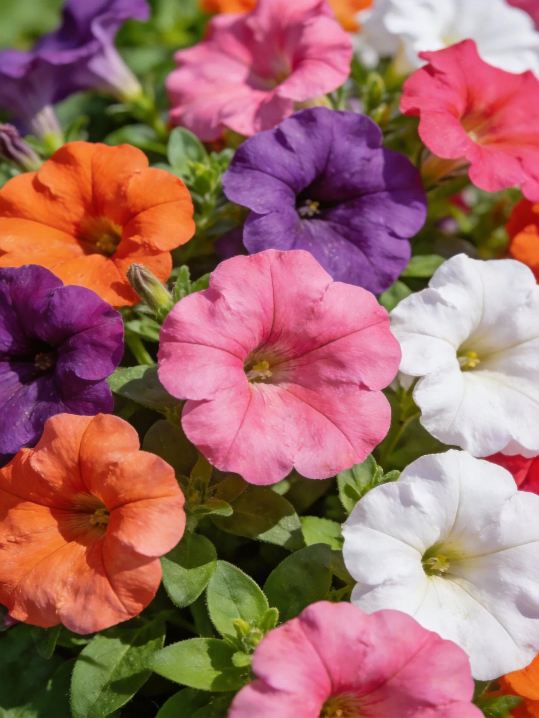 Colorful petunia flowers in multiple hues with green foliage