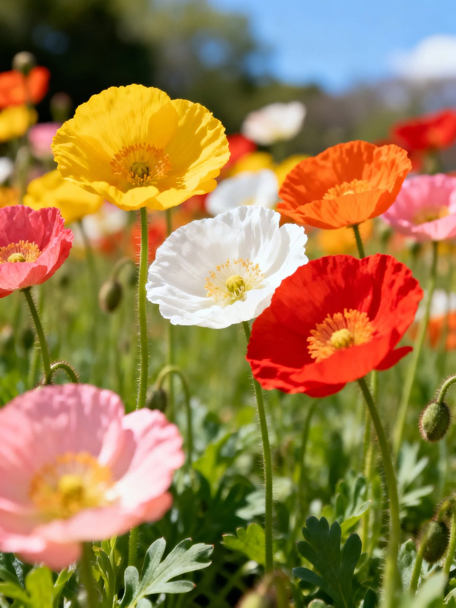Colorful poppies in a sunny meadow with yellow, red, pink, and white blooms