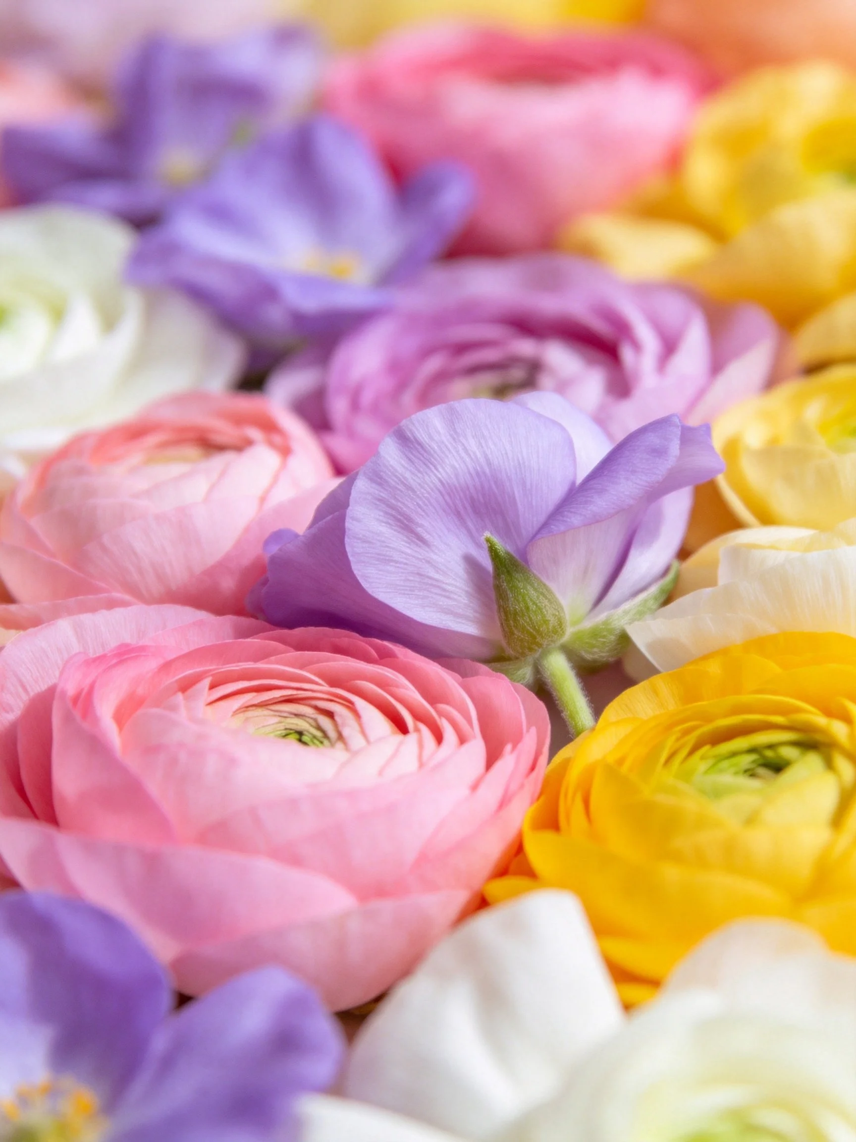 Colorful ranunculus flowers in soft pastels