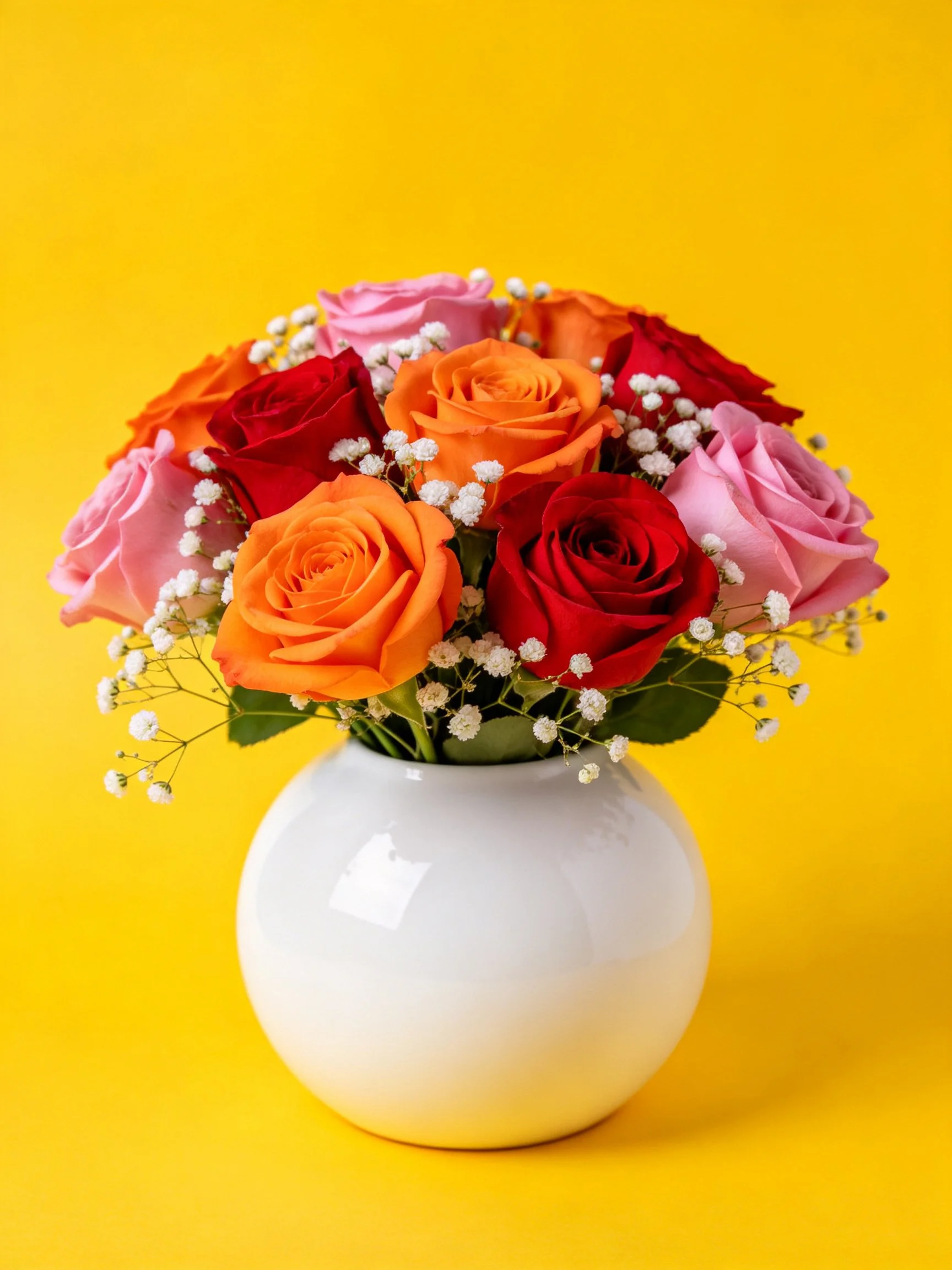 Colorful rose bouquet with baby’s breath in white vase