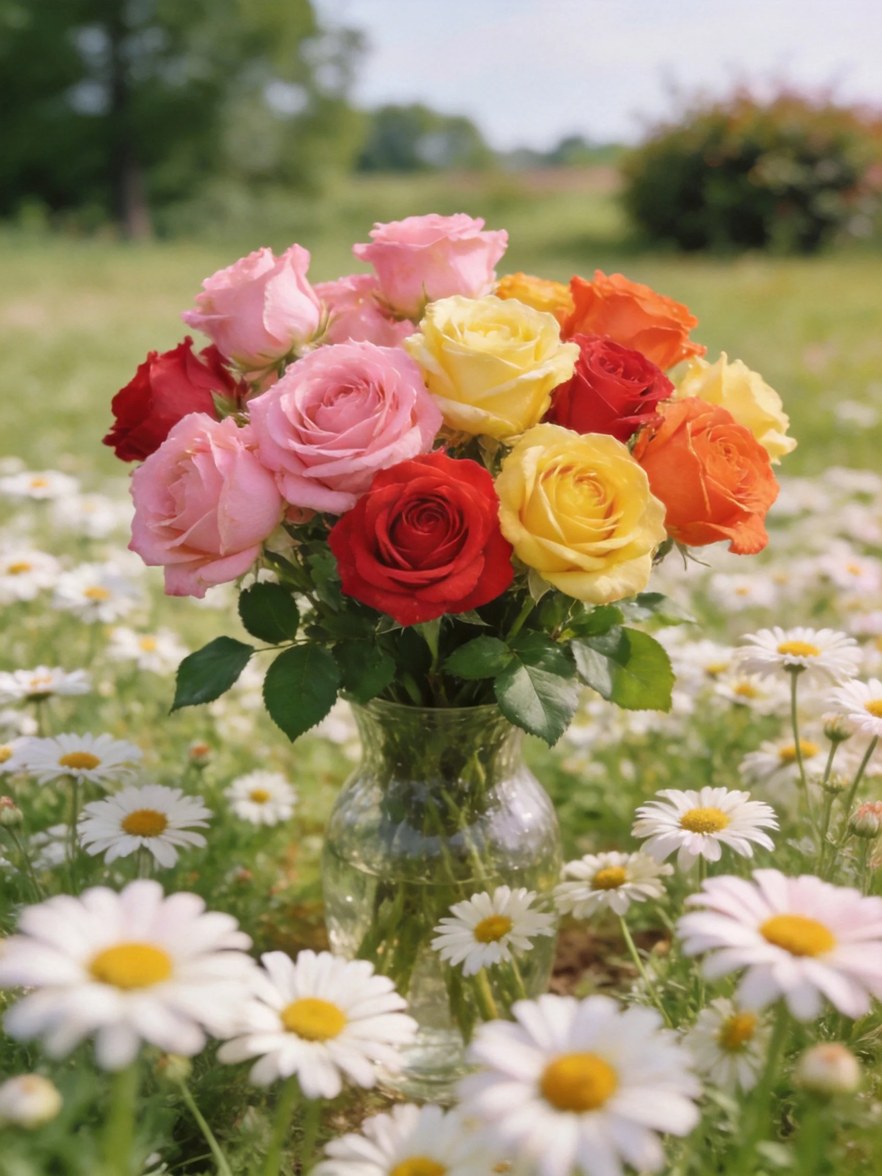 Colorful rose bouquet with pink, yellow, red, orange roses in a glass vase