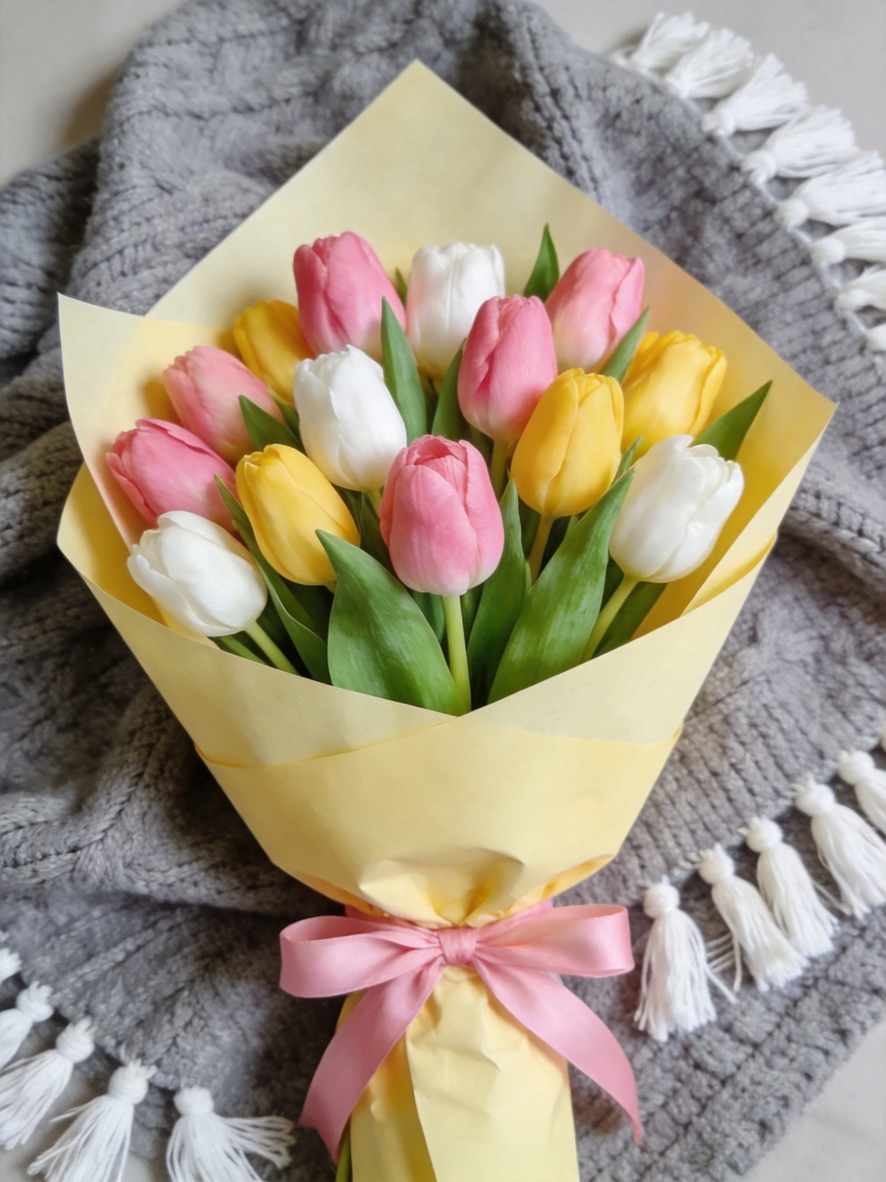 Colorful tulip bouquet wrapped in yellow paper on gray blanket