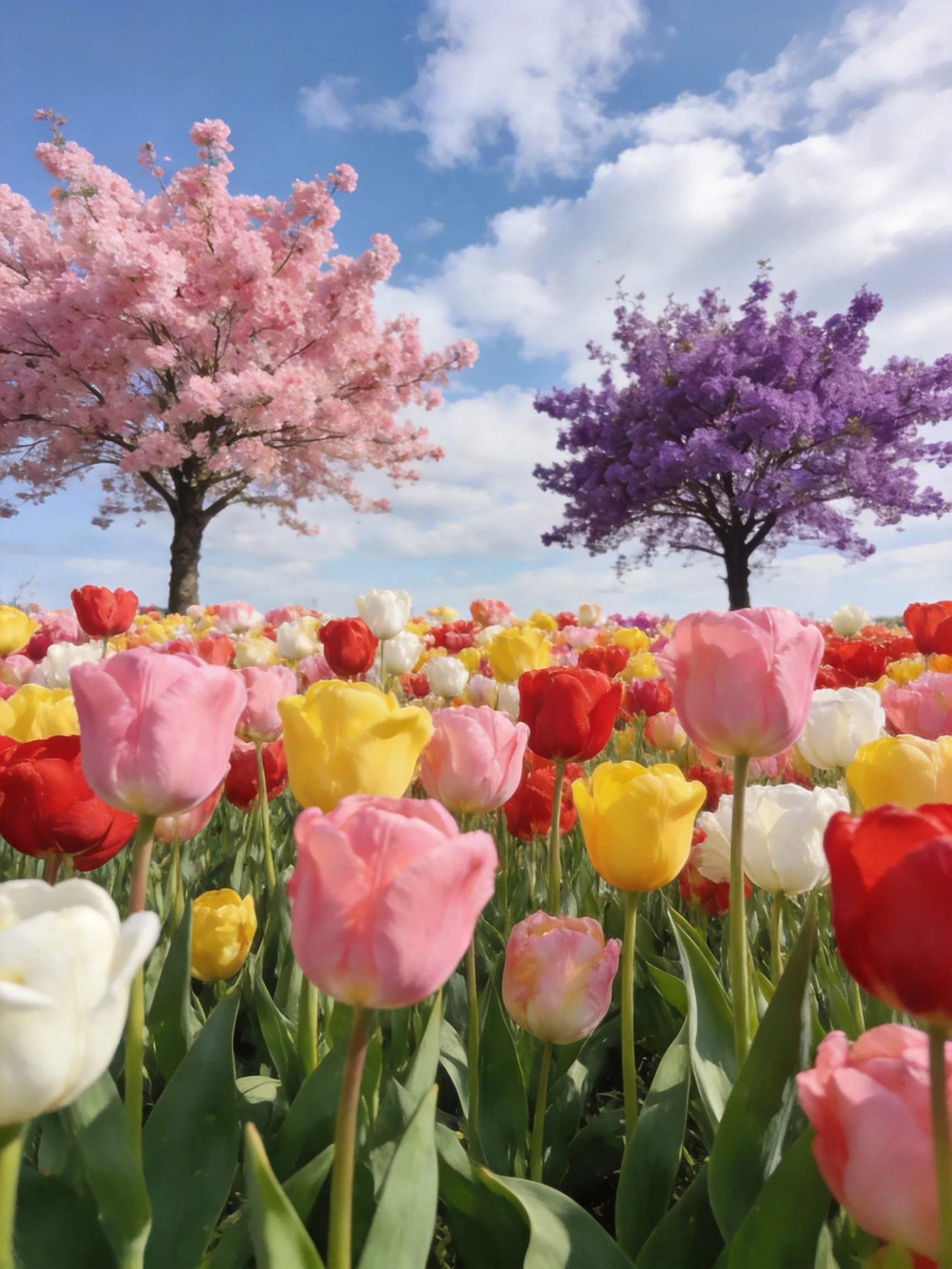 Colorful tulip field with pink and purple flowering trees under bright blue sky