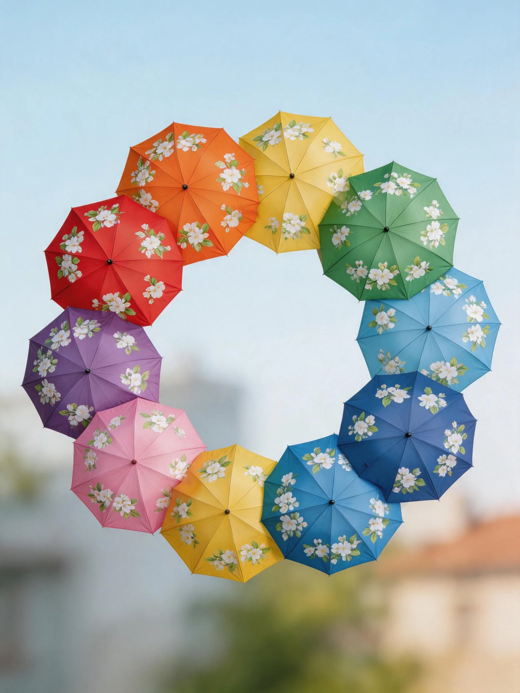 Colorful umbrellas with floral patterns form a circular arrangement