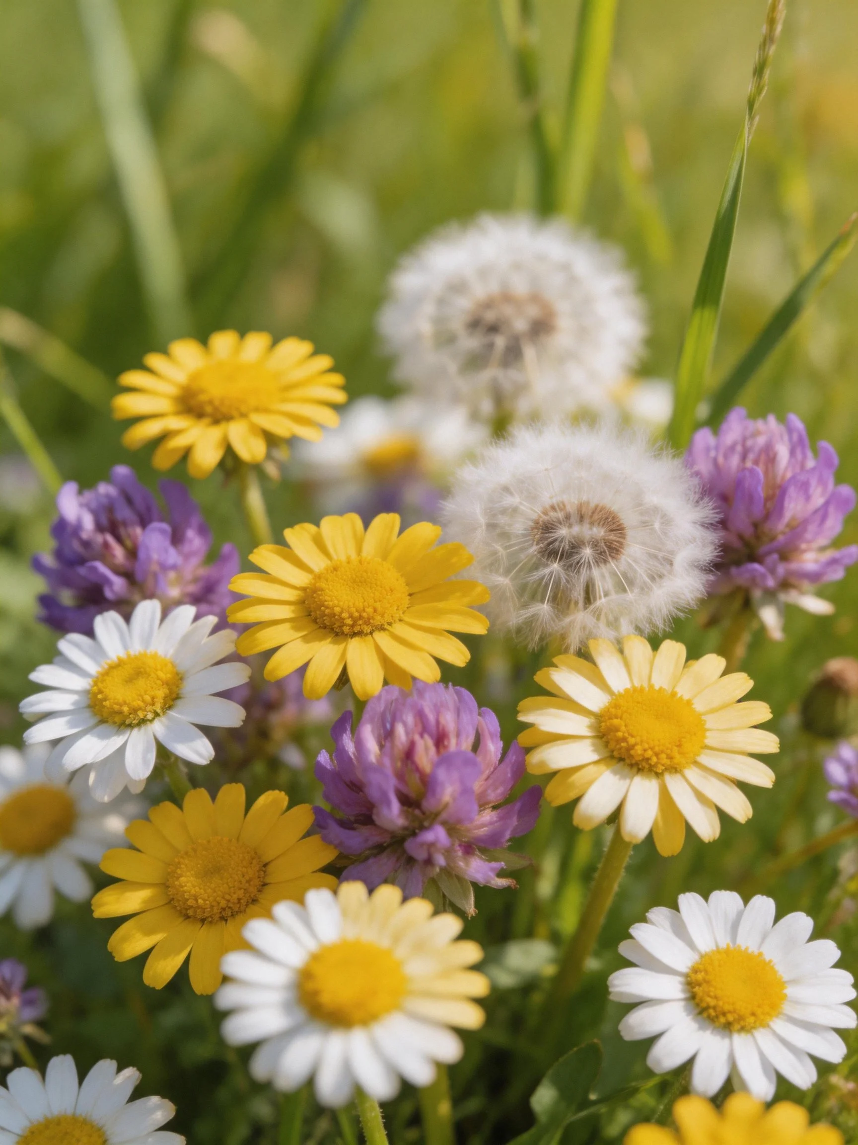 Colorful wildflower cluster with daisies, clovers, and dandelions