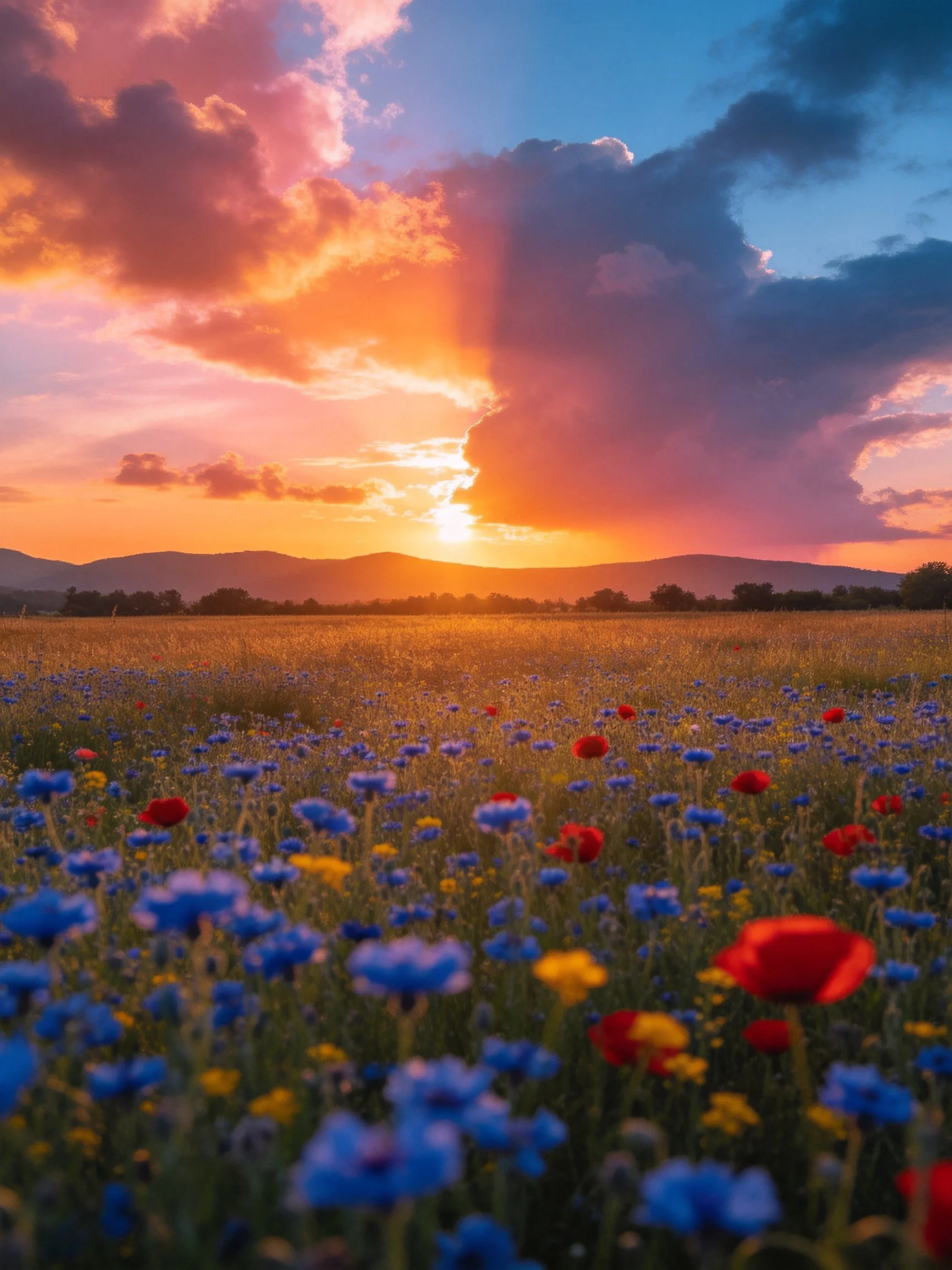 Colorful wildflower meadow with dramatic sunset sky