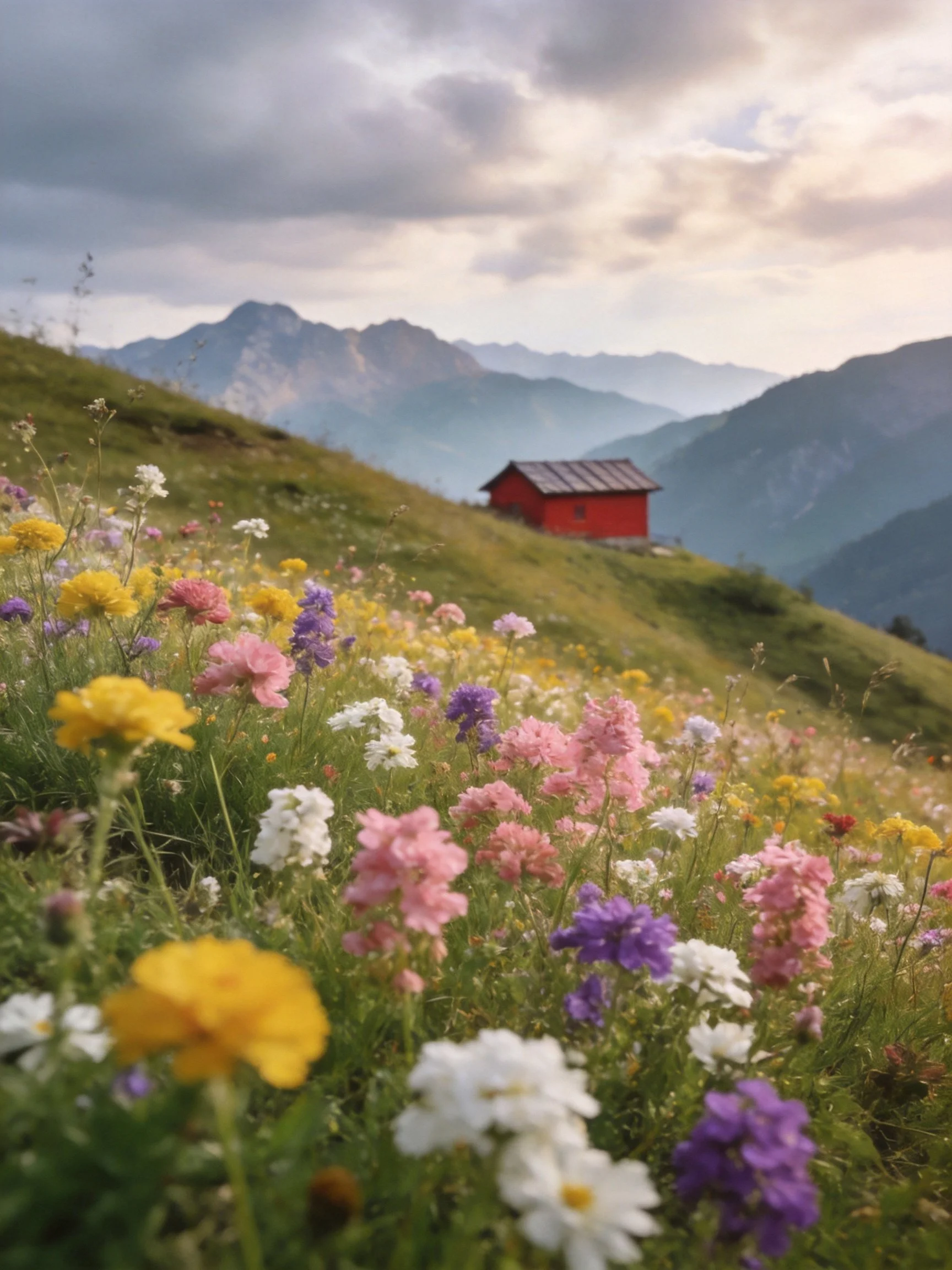 Colorful wildflowers blanket a hillside beside a red cabin with distant mountains