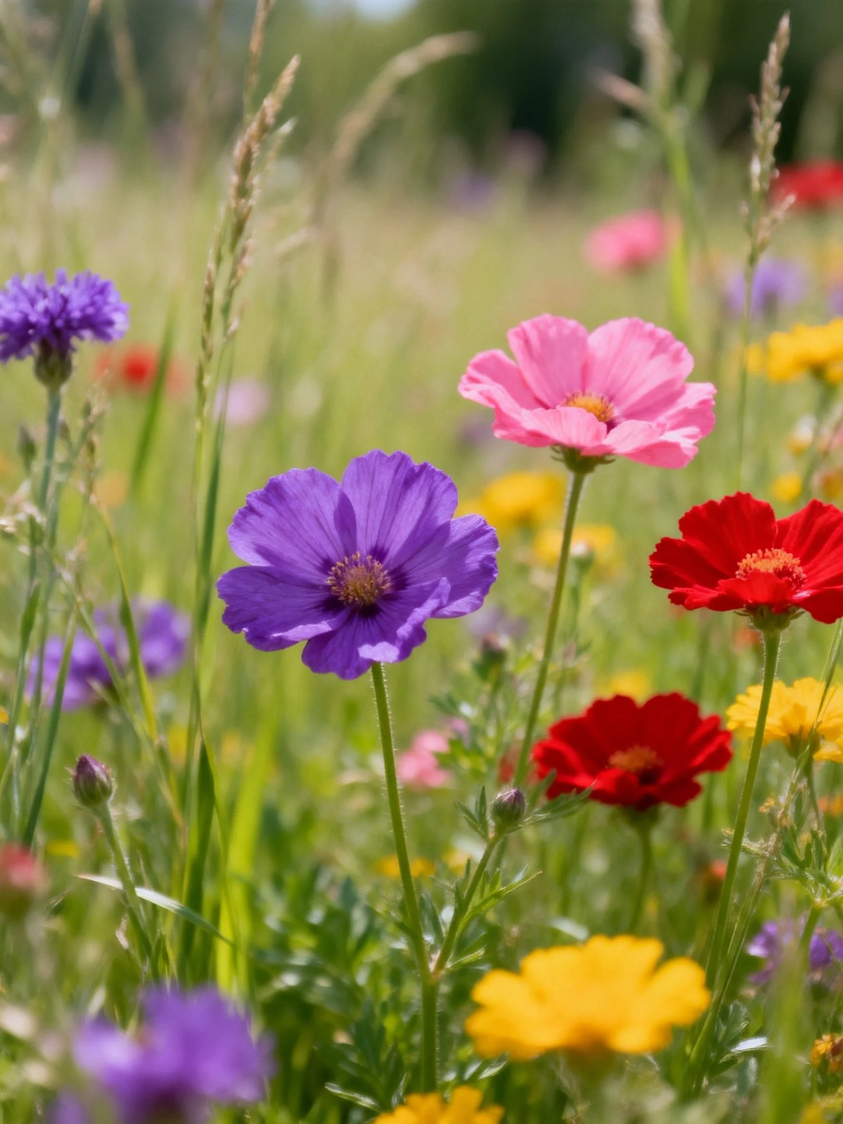 Colorful wildflowers bloom amid tall grasses in a sun-drenched meadow