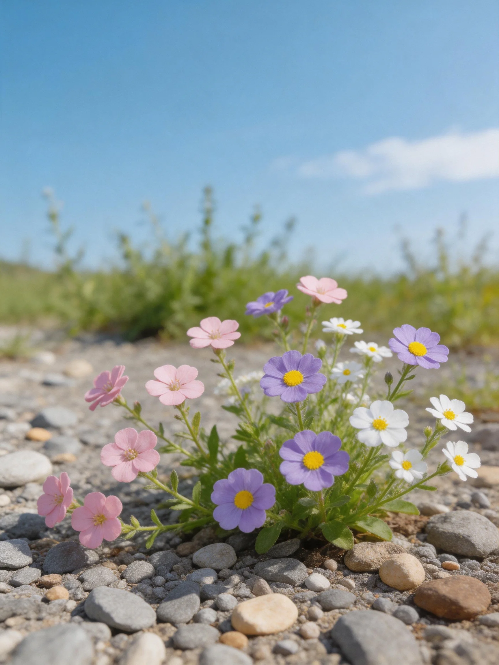 Colorful wildflowers bloom among small stones under clear blue sky