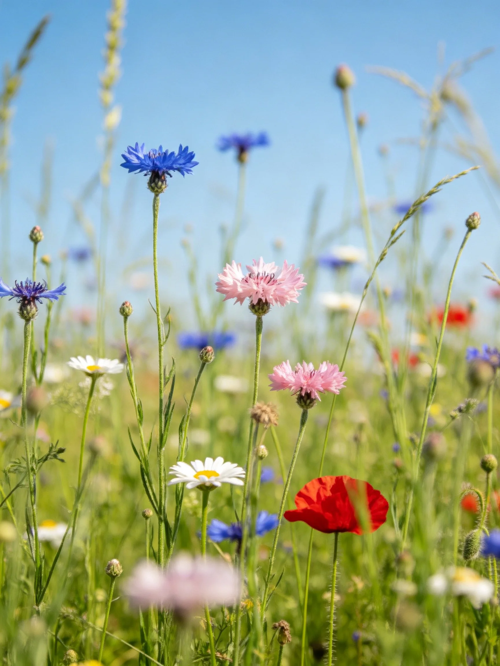 Colorful wildflowers of blue, pink, white, and red bloom in a sun-drenched meadow.