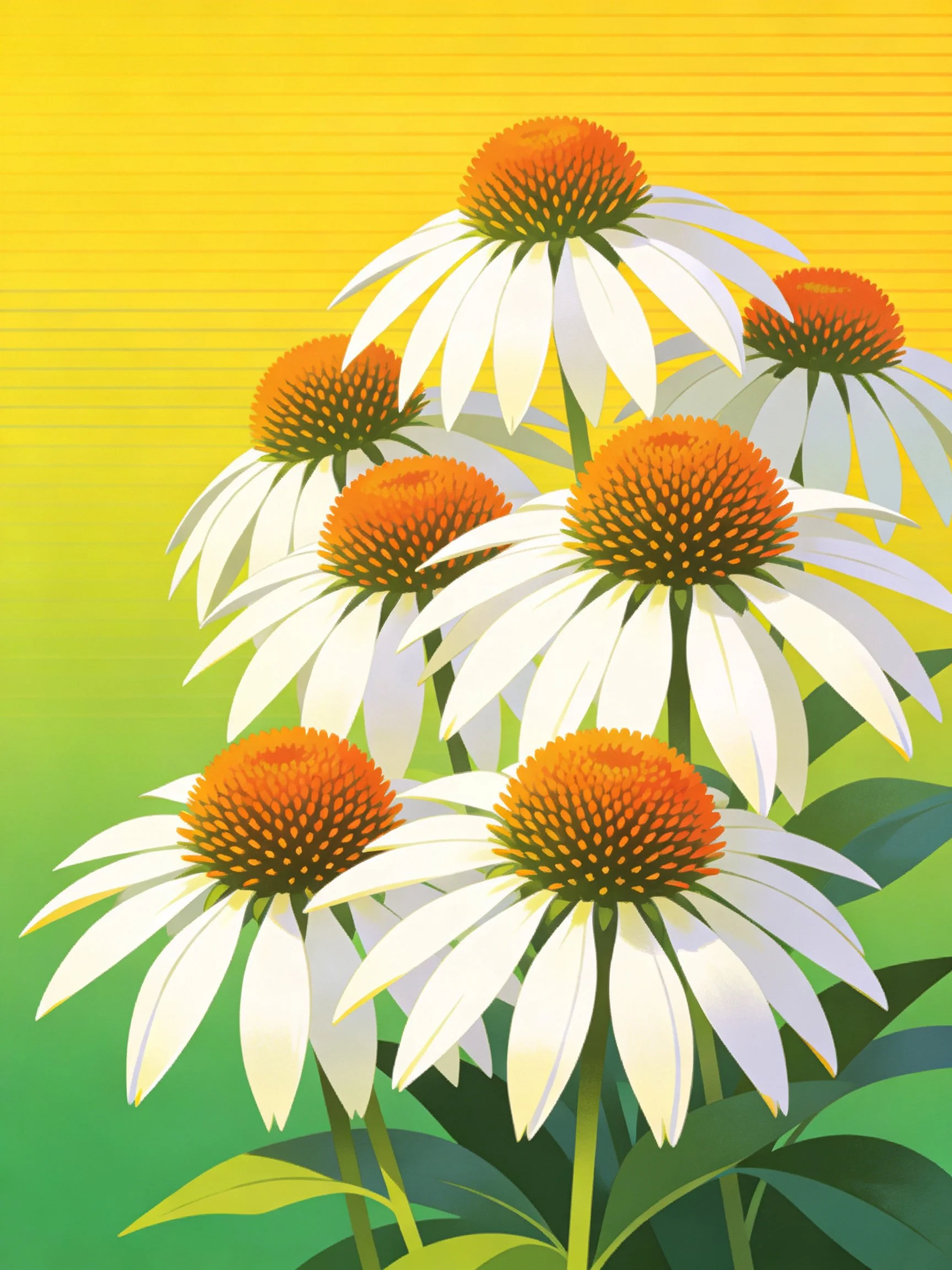 Coneflowers with white petals and orange centers on a yellow-to-green gradient background