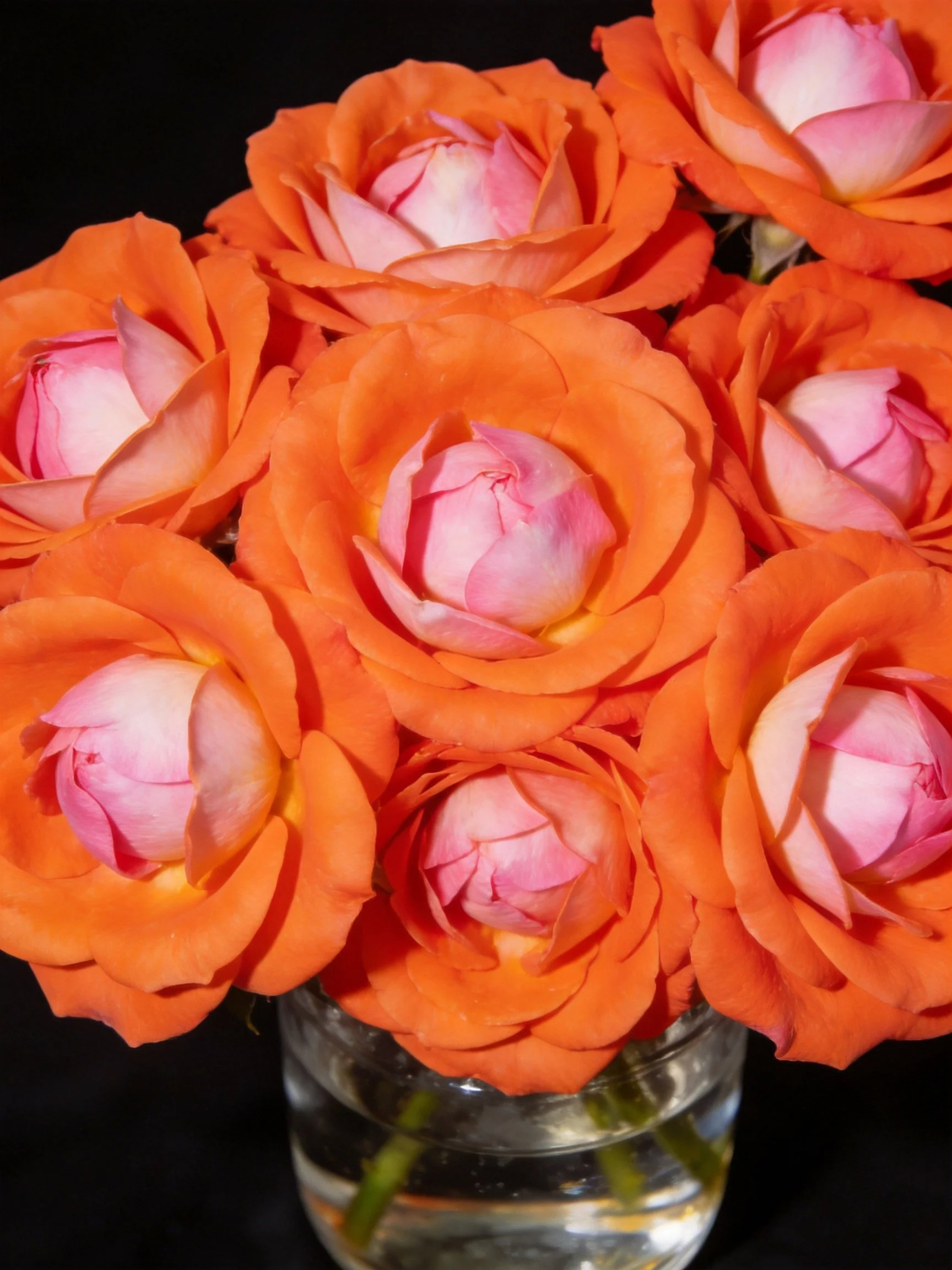 Coral-orange roses with pink centers in glass vase
