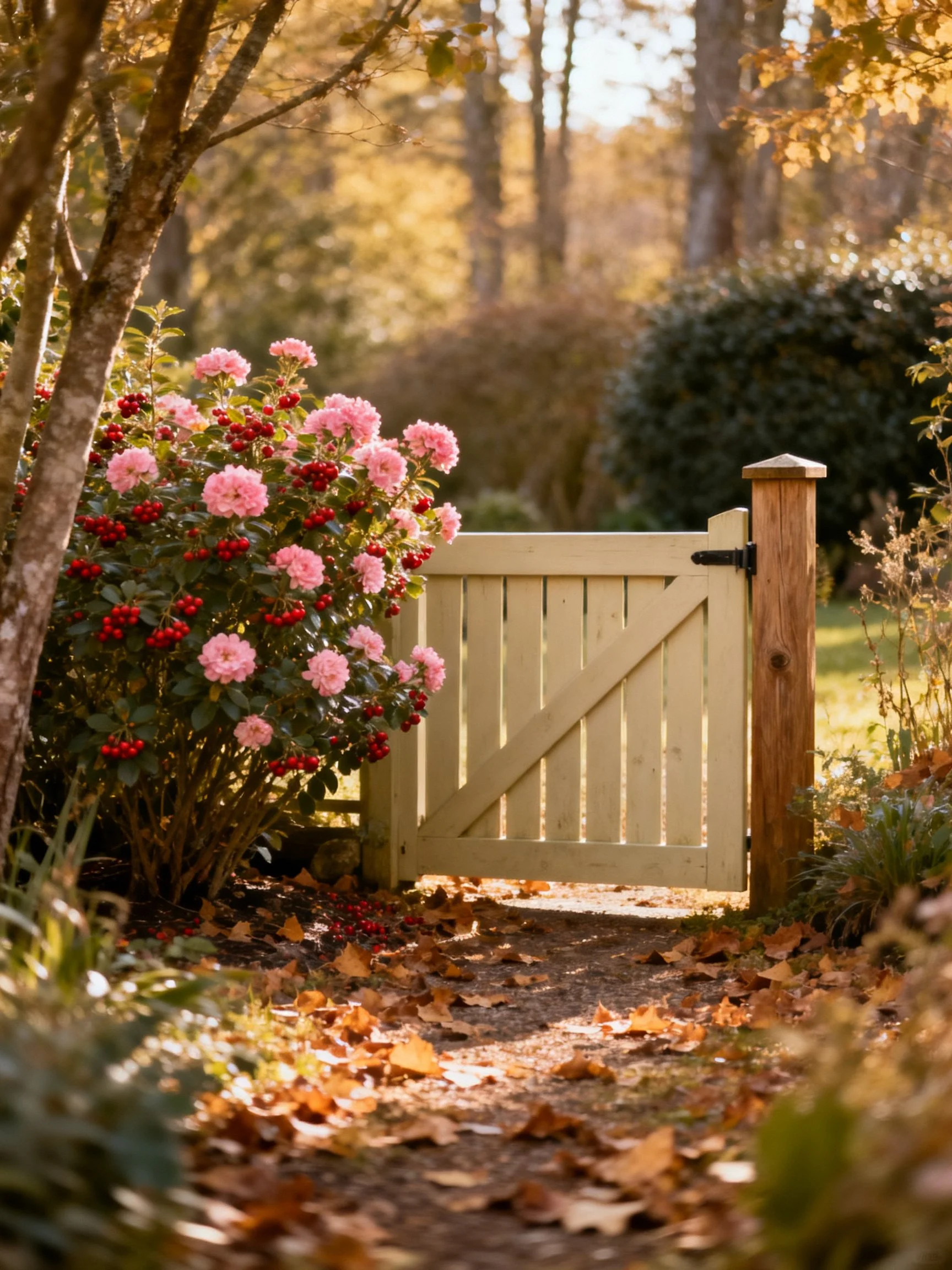 Cream - colored wooden gate near pink - flowered berry bush in autumn garden