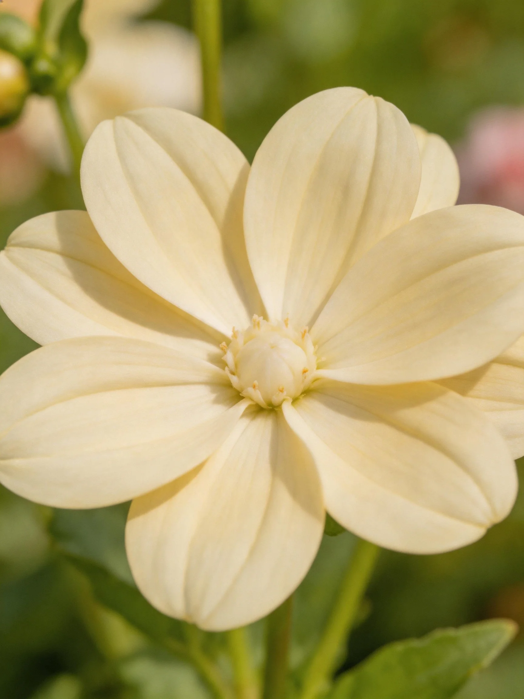 Creamy white dahlia flower with blurred green foliage