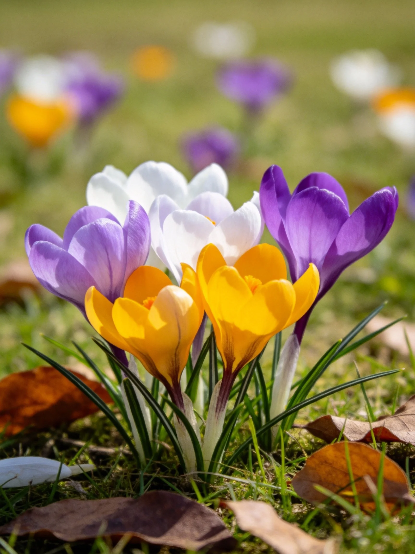 Crocus flowers blooming in purple, white, yellow among grass and leaves