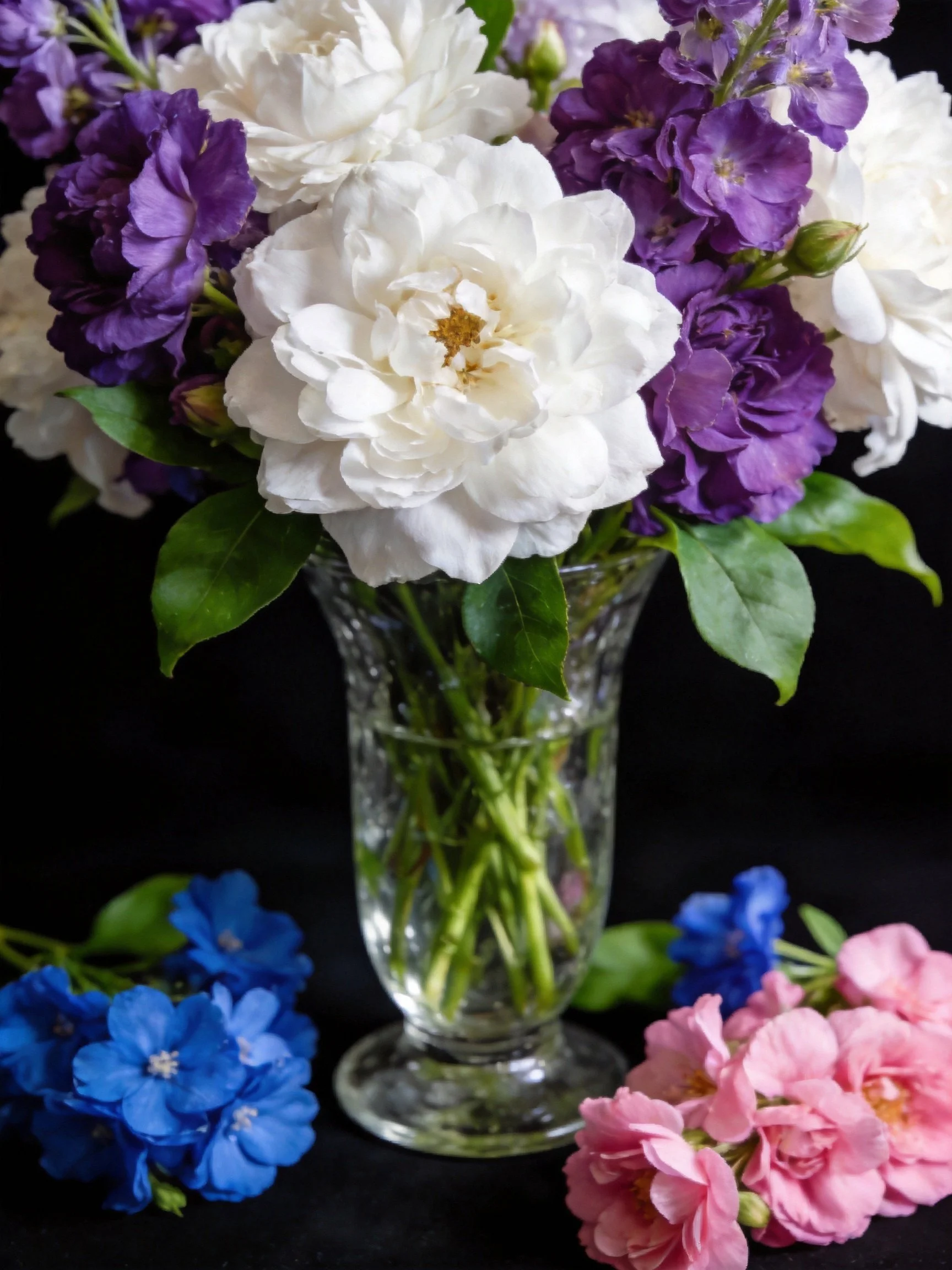 Crystal vase with white, purple, pink flowers; blue blooms nearby