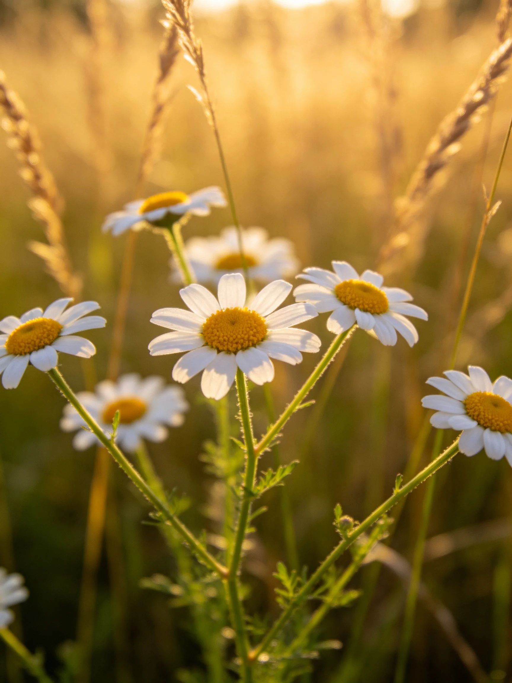 Daisies in a sunlit meadow with tall grasses