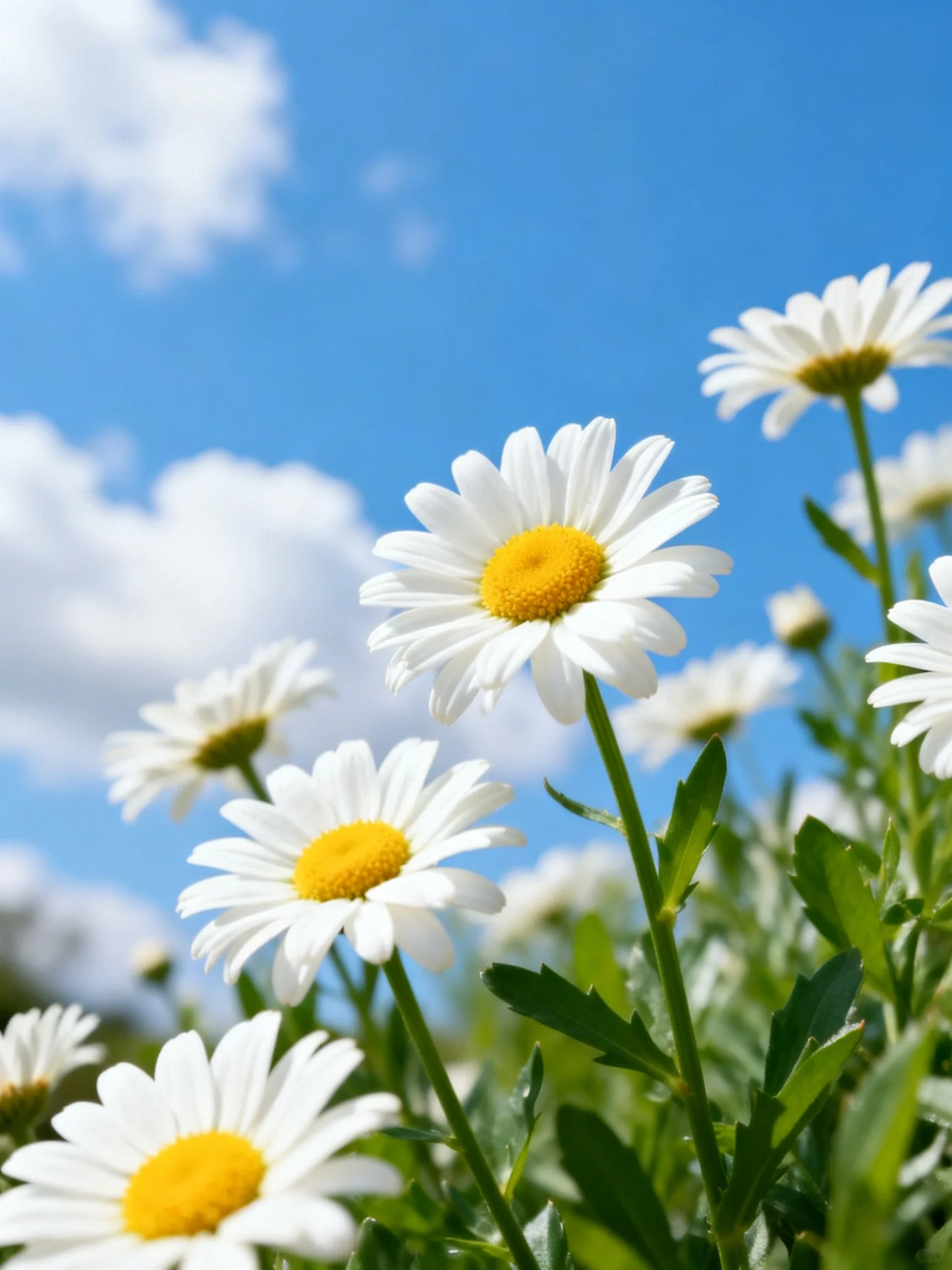 Daisies with white petals and yellow centers against a bright blue sky