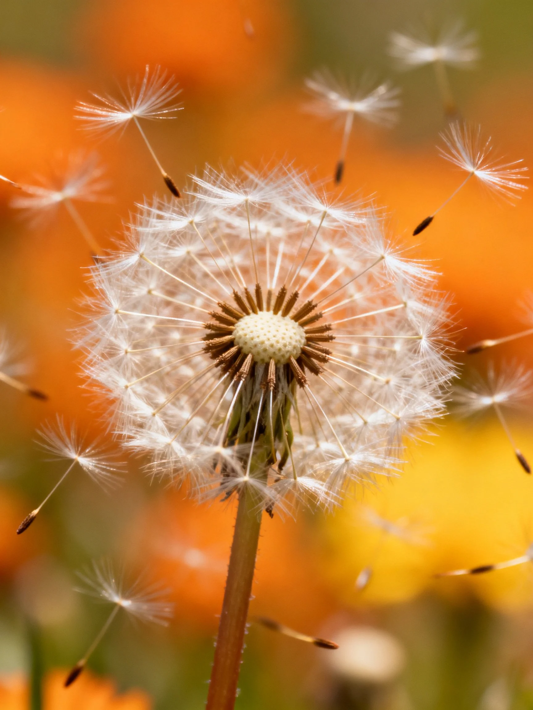Dandelion Seed Head With Floating Seeds Against Warm Hued Flowers