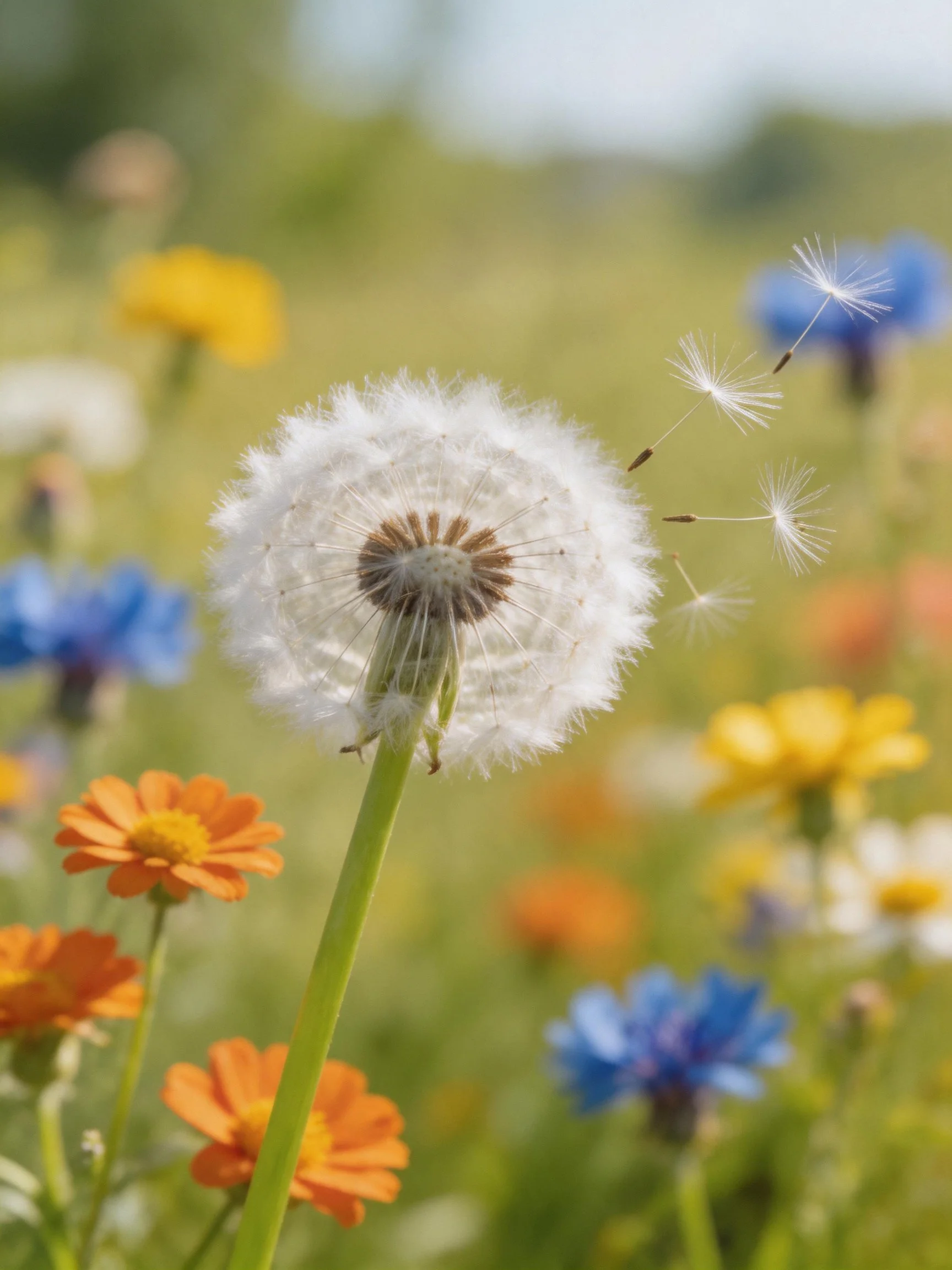 Dandelion Seed Head with Floating Seeds Among Colorful Wildflowers in a Sunlit Meadow