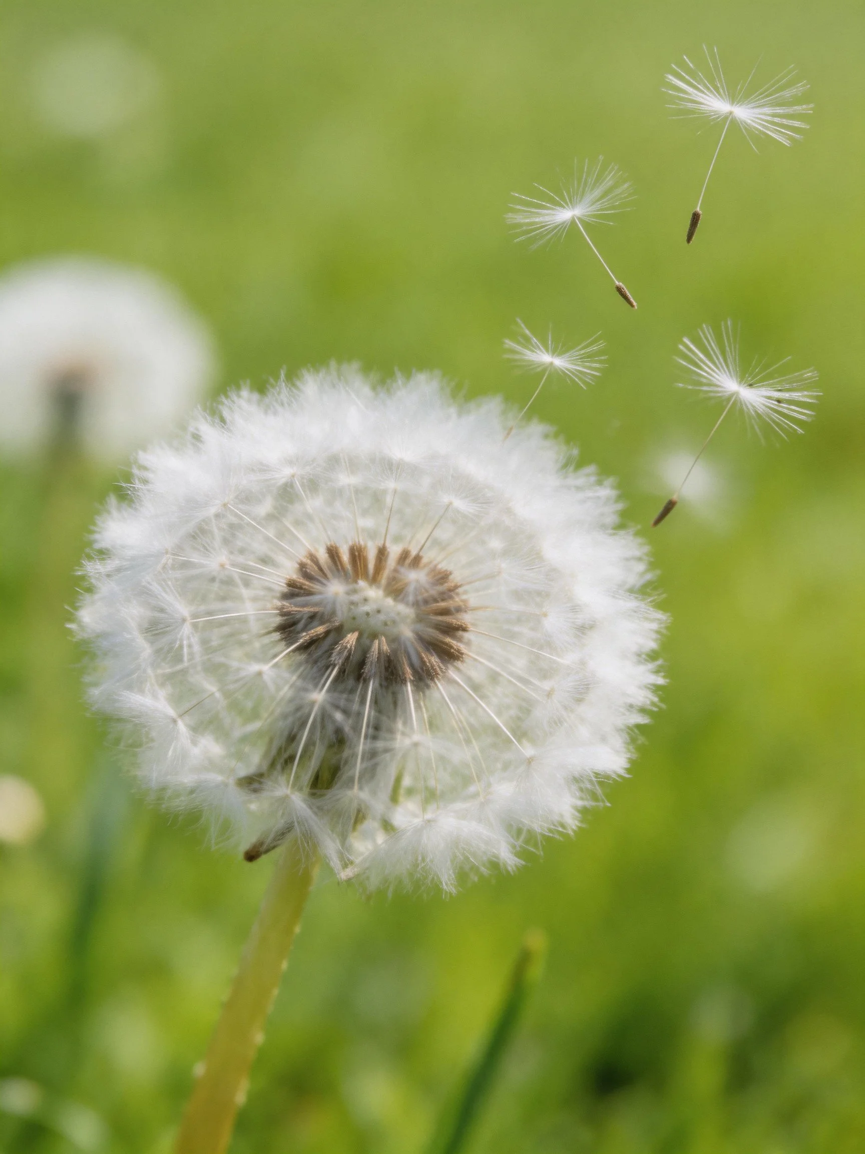 Dandelion Seed Head with Floating Seeds in Green Field