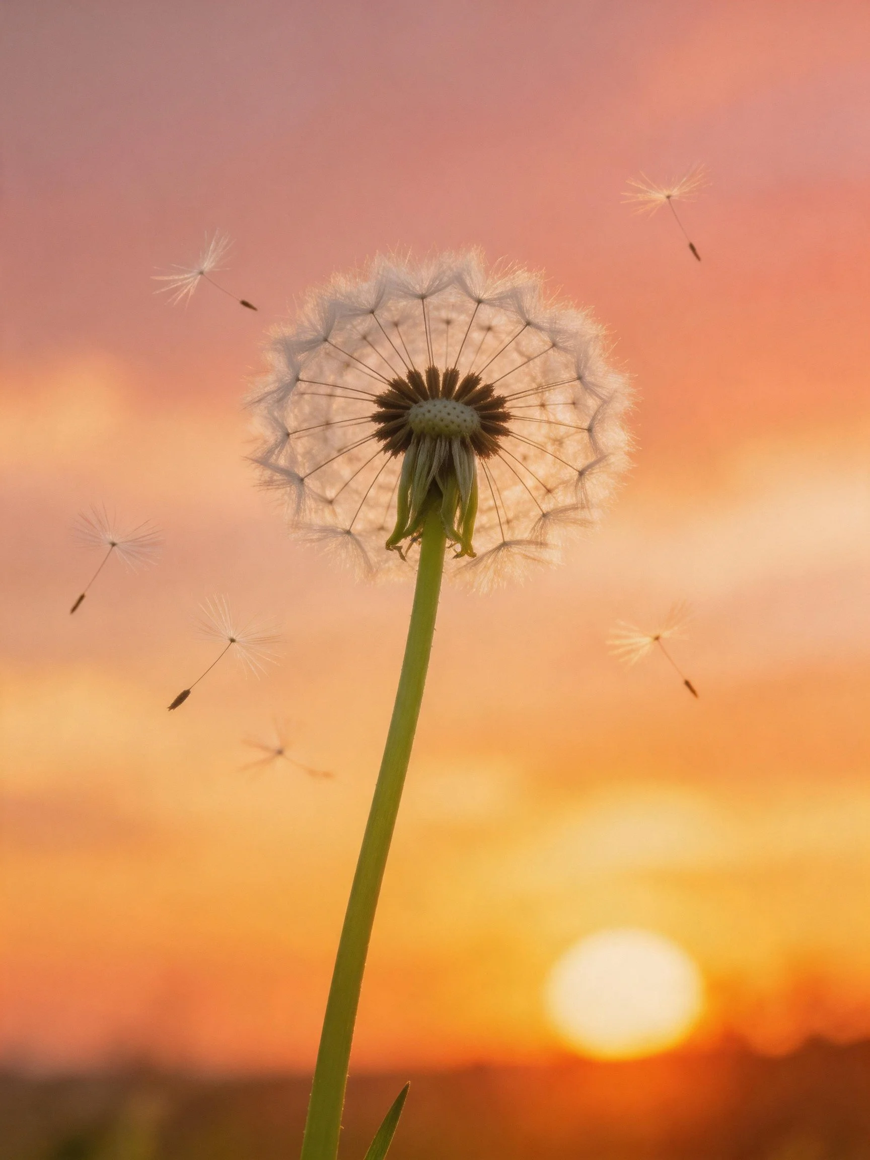 Dandelion seed head dispersing against warm sunset hues