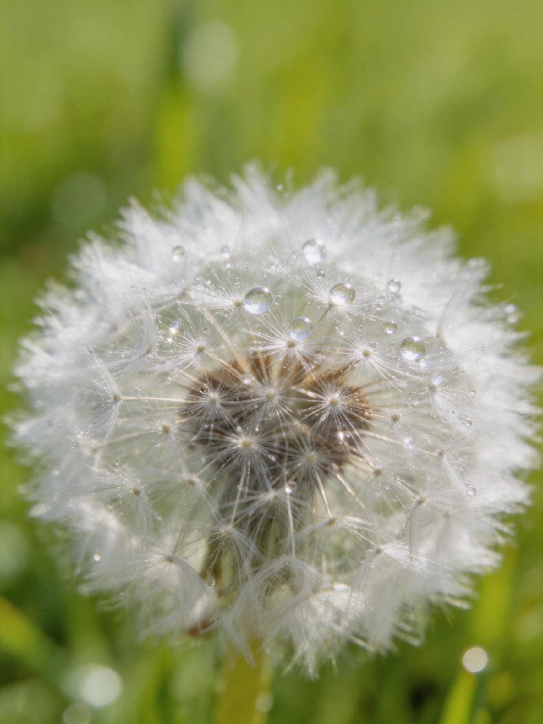 Dandelion seed head with water droplets in green surroundings