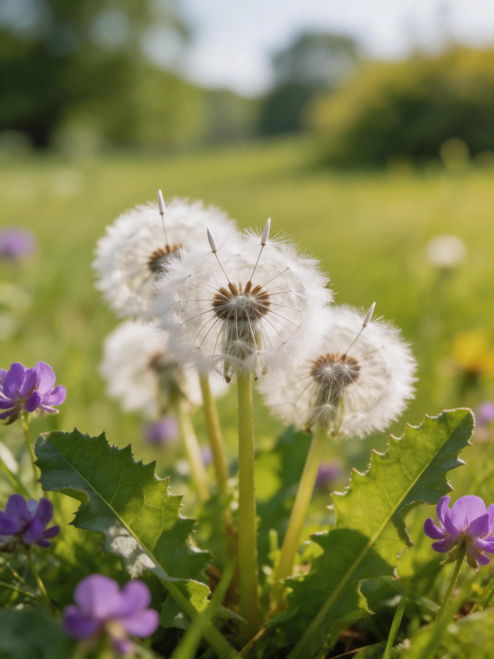 Dandelion seed heads and purple flowers in a sunlit meadow