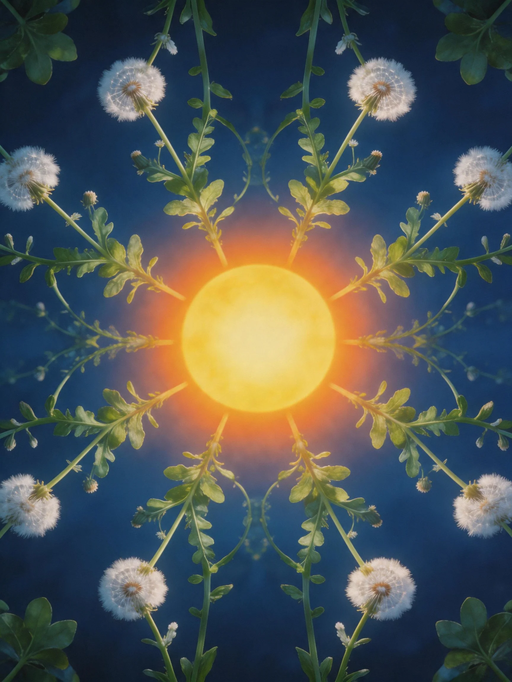Dandelion stems radiate around a glowing central sun with blue backdrop